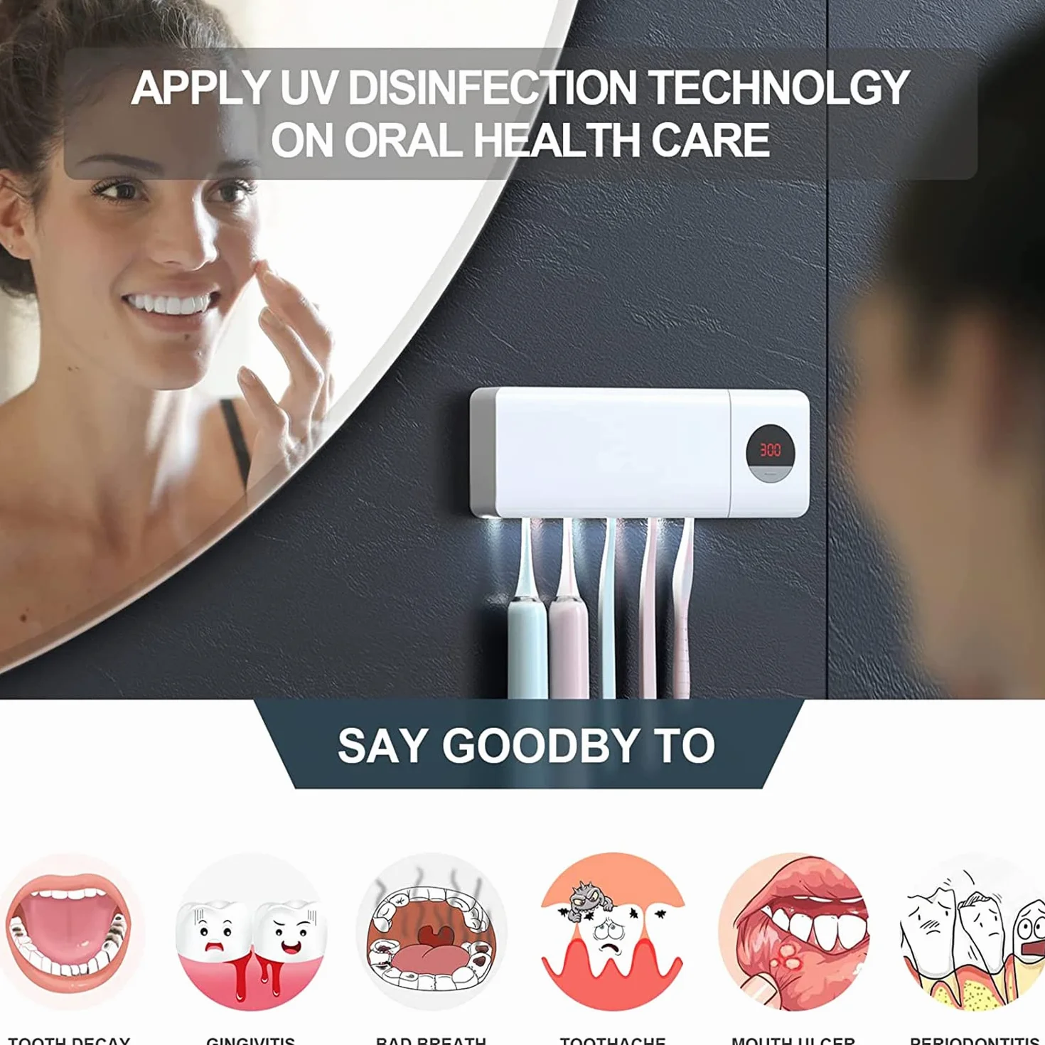 DSHOW Spazzolino Igienizzante UV da Bagno, Montaggio a Parete Sterilizzatore, Carica 2000mAh, Funzione di Cronometraggio, Organizer per Spazzolino da Denti (Bianca)