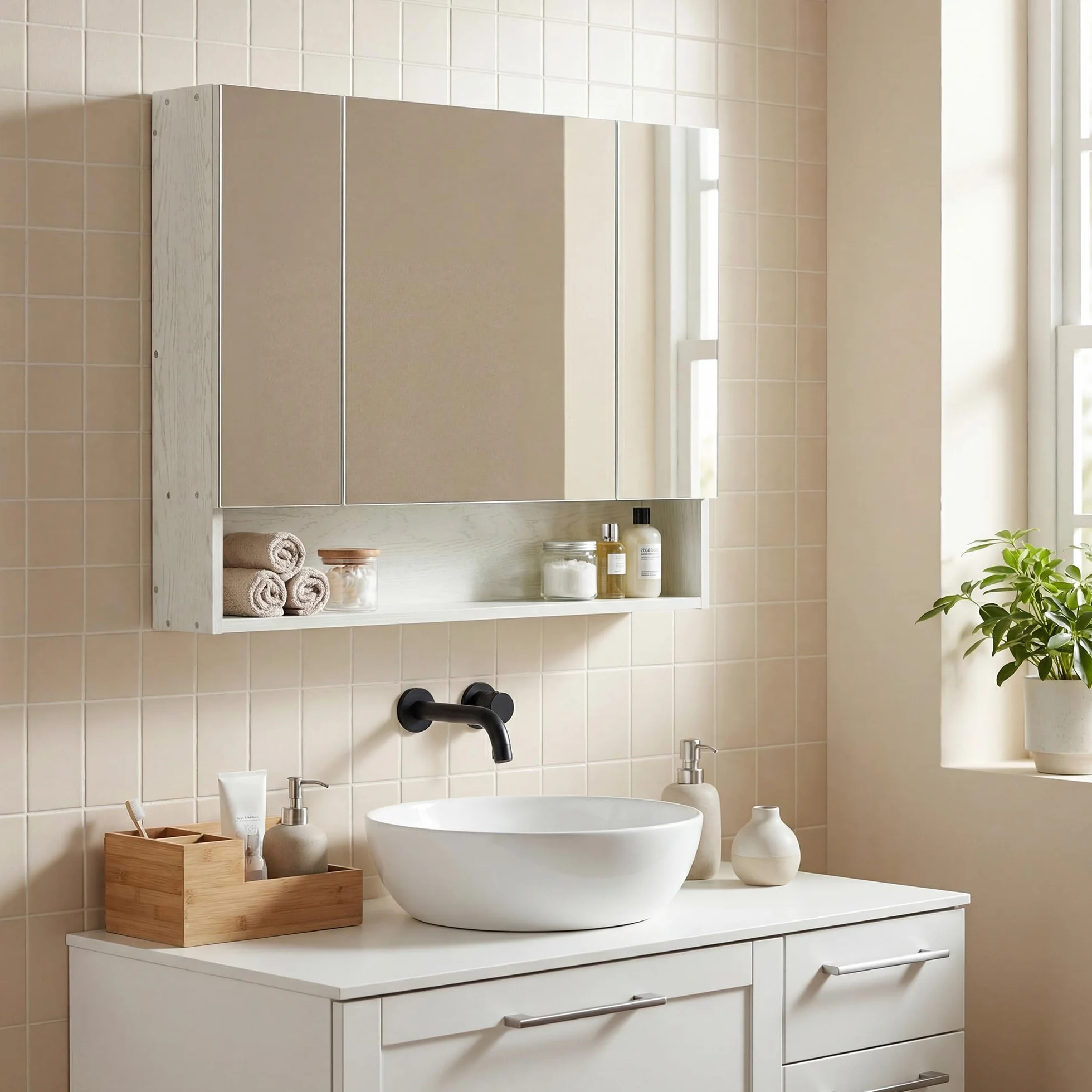 kleankin Specchio Bagno Contenitore con 3 Ante Soft Close, 90x15x75 cm Mobile Bagno con Specchio, Ripiani Regolabili, Scomparto Aperto, Mobilettto Bagno da Parete Salvaspazio in Vetro, Effetto Legno