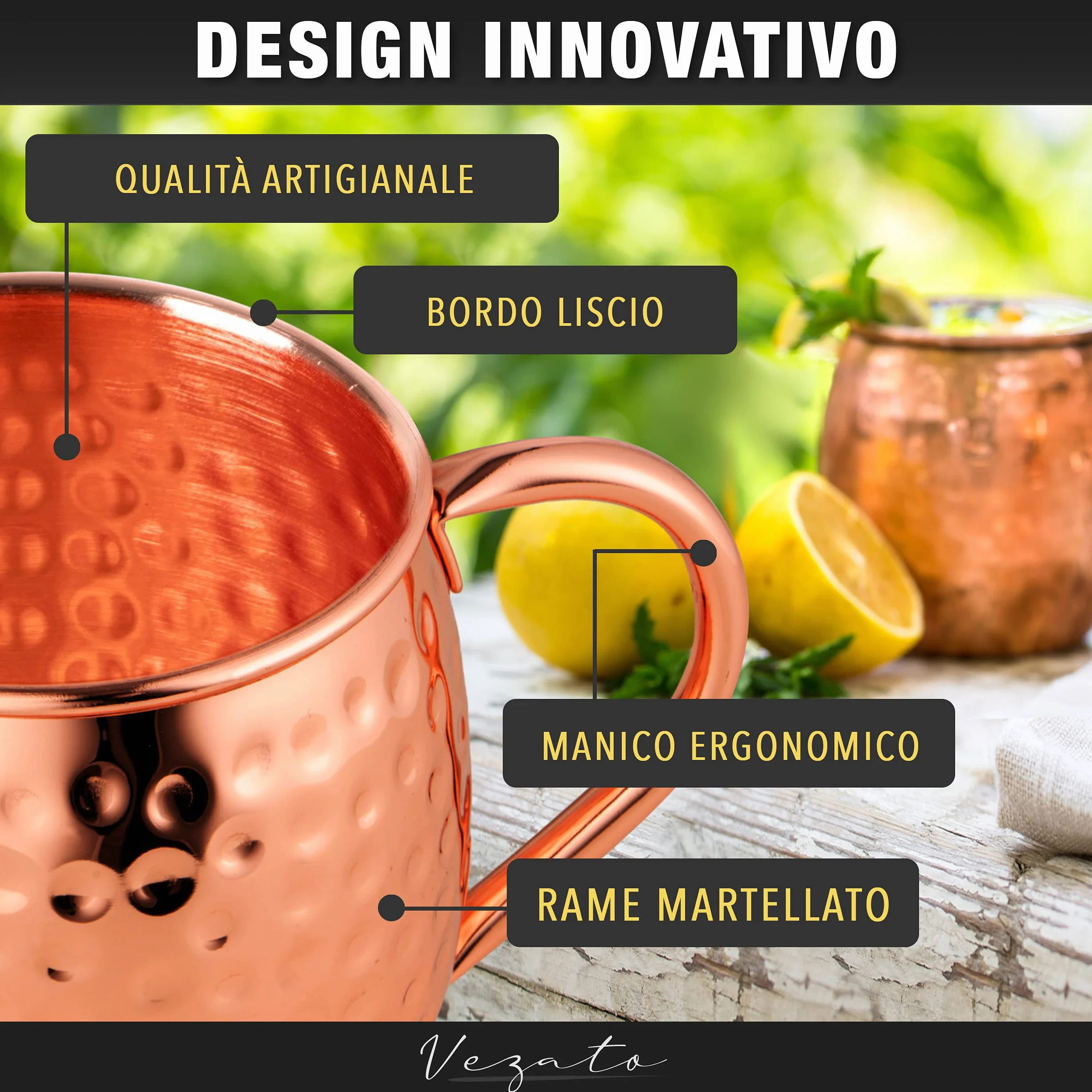 Vezato Moscow-Mule Tazza Rame Martellato Set 4 Pezzi Antiruggine