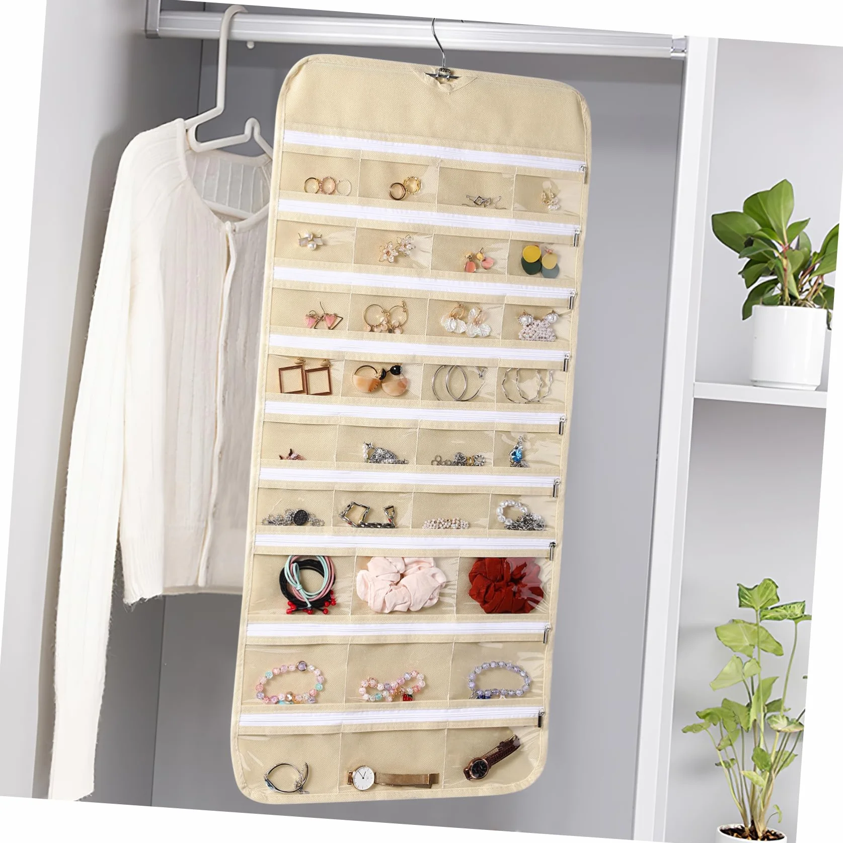 Organizer per gioielli con 66 tasche, doppio lato, per orecchini, collane, bracciali, anelli