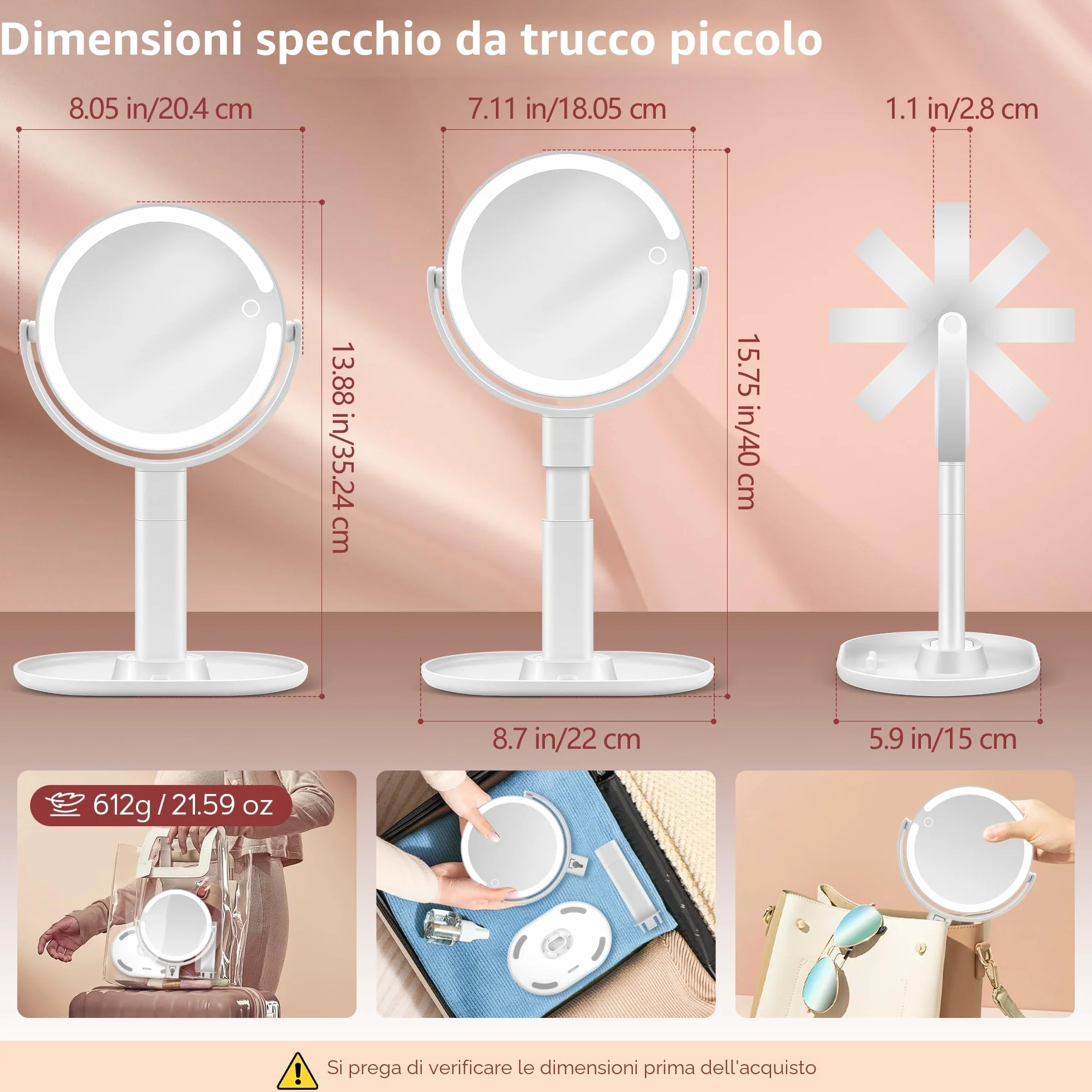 B Beauty Planet Specchio da Trucco Illuminato 30 X con 3 Luci di Colore, LED Dimmerabile e Regolabile in Altezza – Specchio Cosmetico 2 Lati per Bagno – Regalo per Donne Bianco