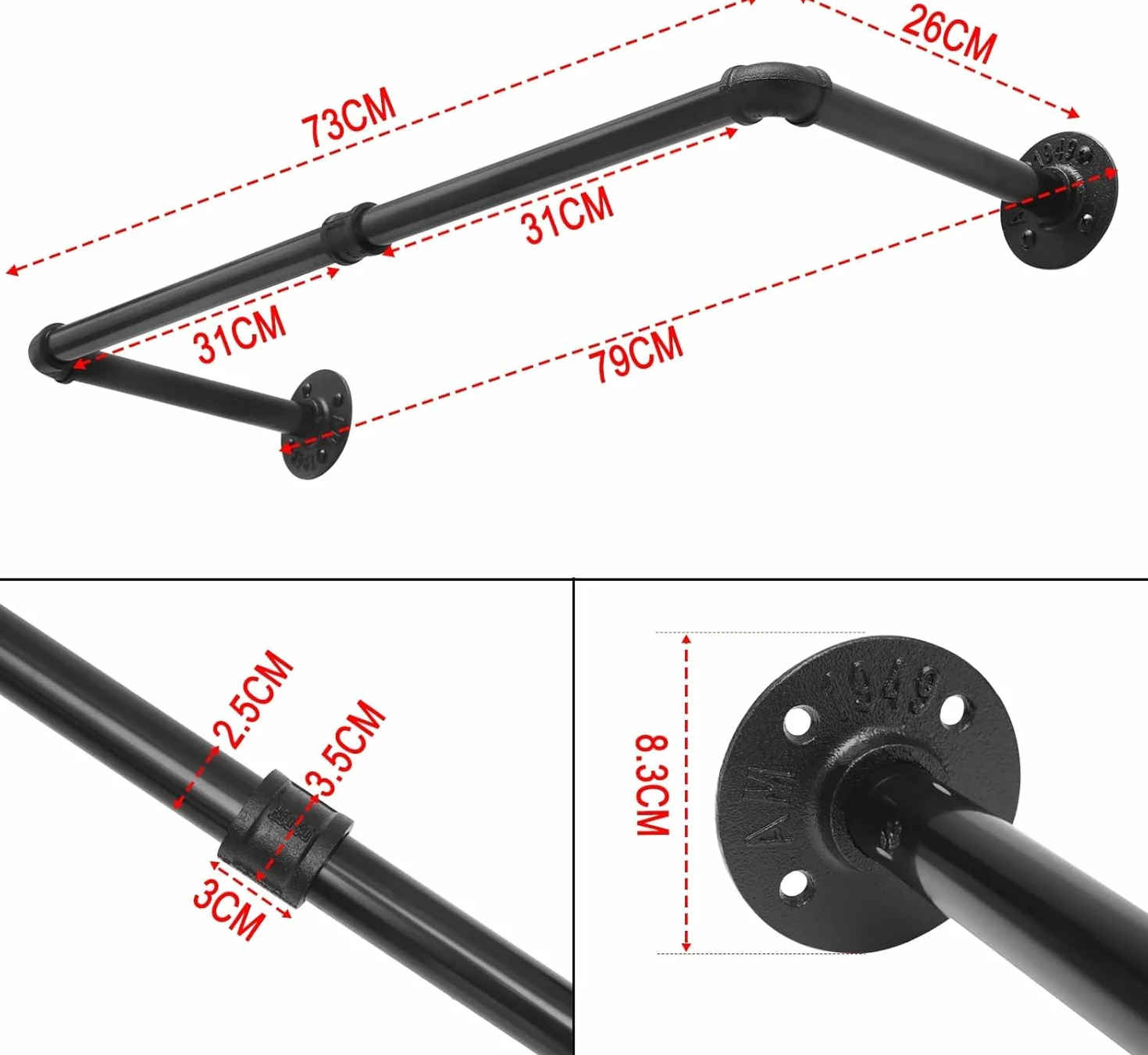 eSituro Asta Appendiabiti da Muro, Attaccapanni a Tubo, Barra Porta Abiti, Stile Industriale, in Metallo, per Ingresso e Camera da Letto, Nero, 79cm