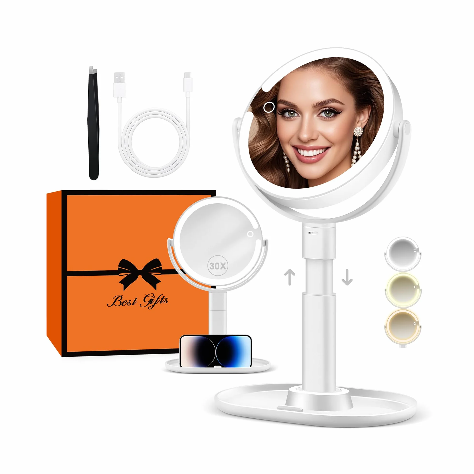 B Beauty Planet Specchio da Trucco Illuminato 30 X con 3 Luci di Colore, LED Dimmerabile e Regolabile in Altezza – Specchio Cosmetico 2 Lati per Bagno – Regalo per Donne Bianco