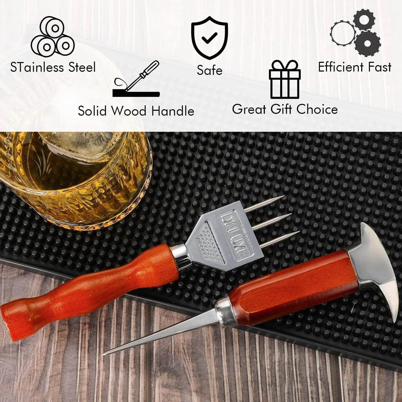 Ice Pick Set di 2 con Manico in Legno, Cippatrice per Il Ghiaccio 304 in Acciaio Inox,Tritaghiaccio,Scalpello per Ghiaccio, Ghiaccio Tritato, di sicurezza per bar da cucina