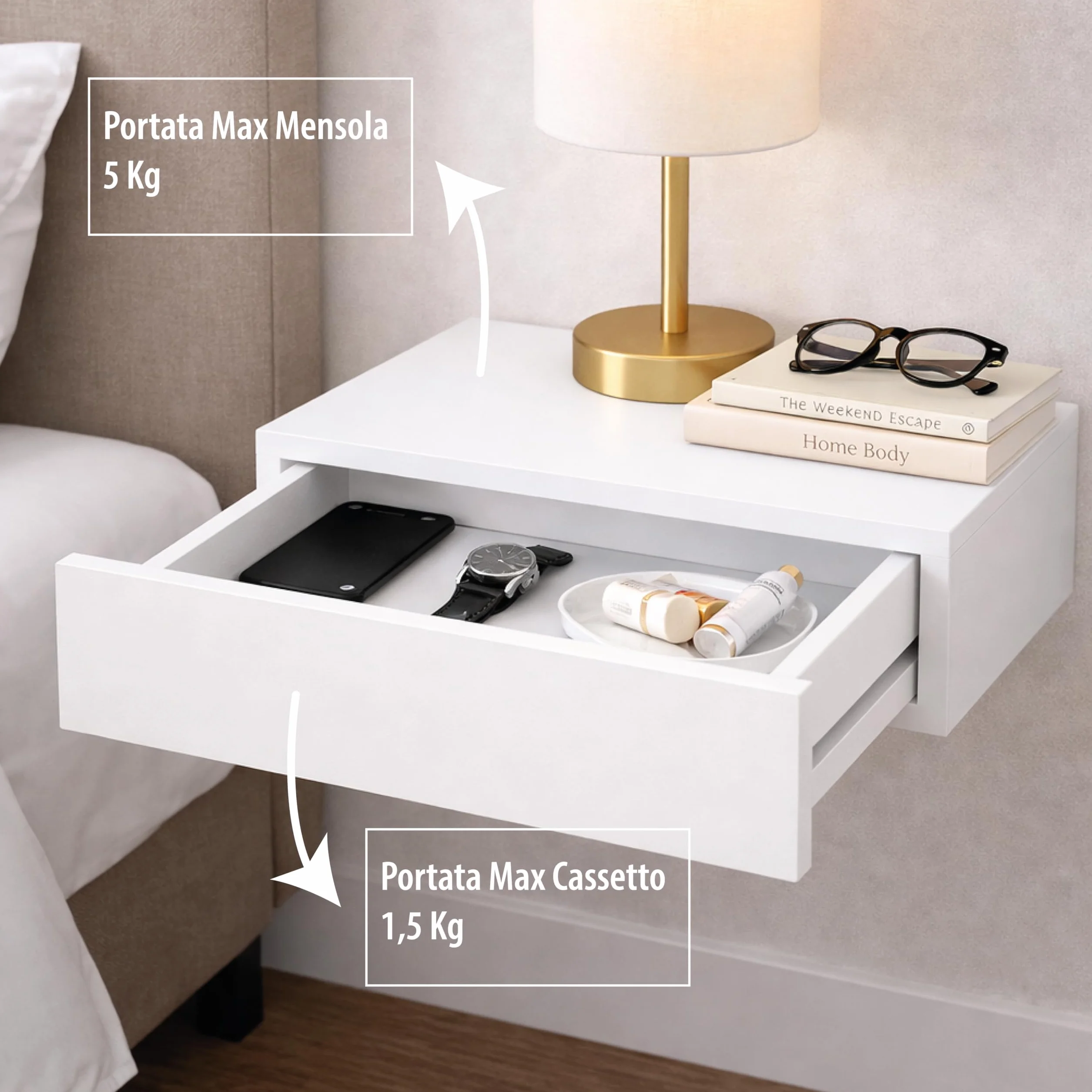 Mensola a Parete con Cassetto Integrato Legno 40x24x10h cm Bianco Salvaspazio 5Kg
