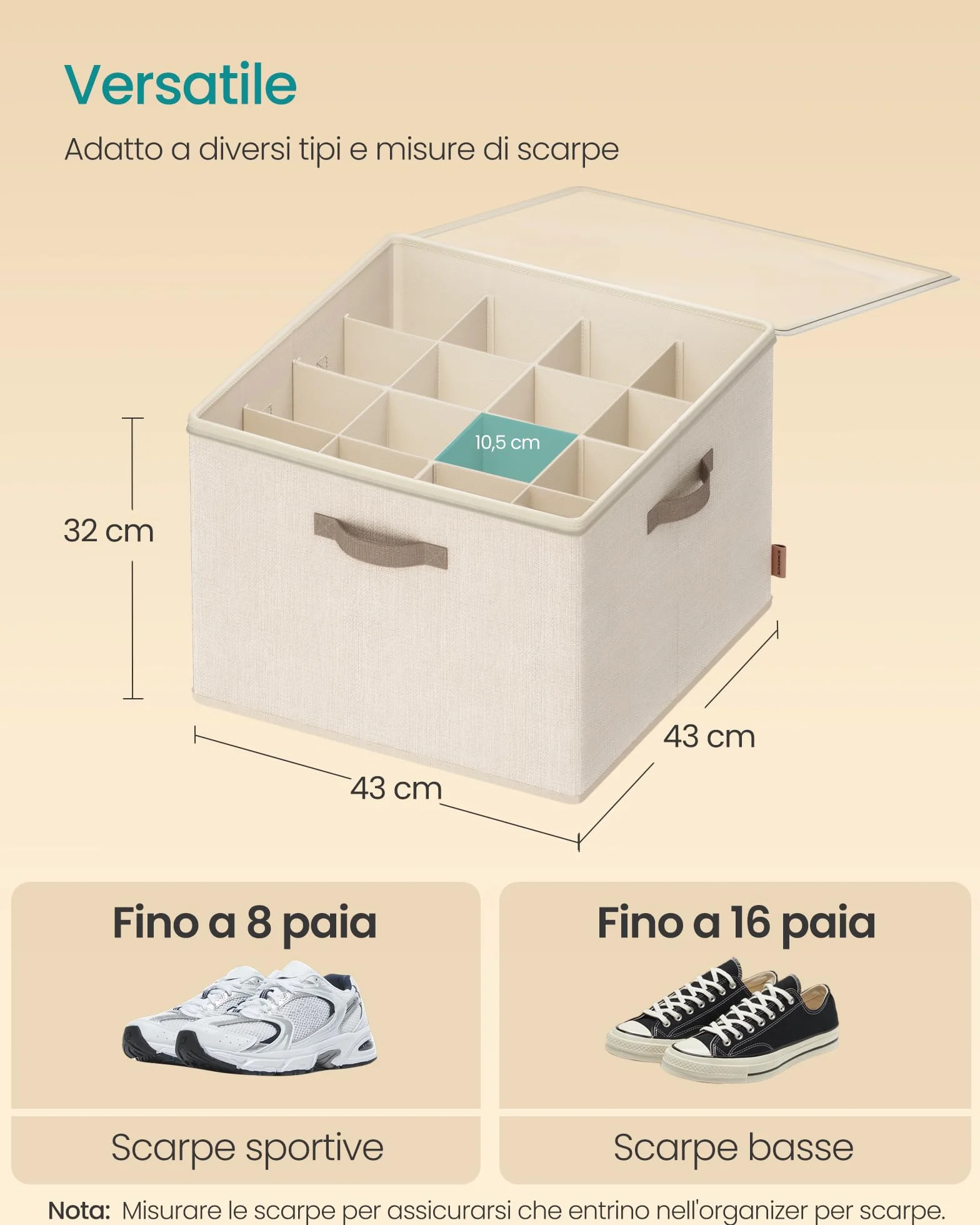 SONGMICS Organizer Scarpe Set di 2, Ciascuno per Fino a 16 Paia, Impilabile, Beige Cappuccino