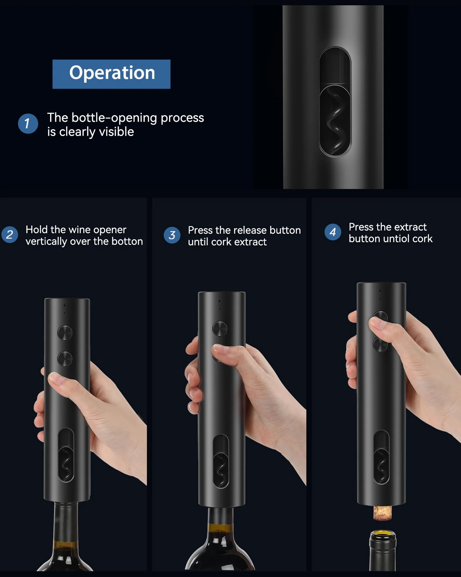 ZOYIDOUX Apribottiglie elettrico ricaricabile USB-C Cavatappi nero opaco portatile