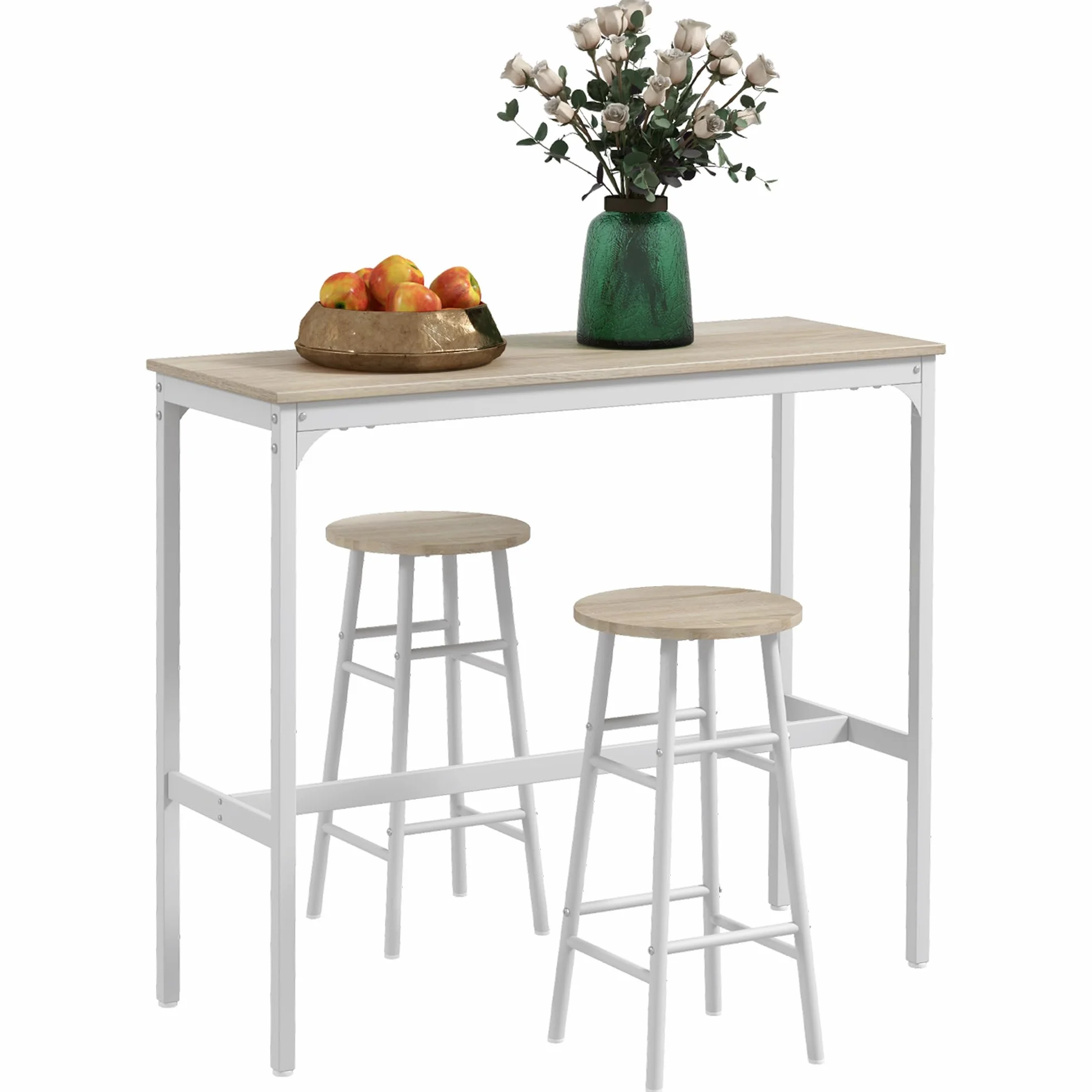 HOMCOM Set tavolo da bar bistrot + 2 sgabelli con poggiapiedi, tavolo mangia in piedi, struttura in acciaio, design industriale, tavolo alto da cucina, piano effetto legno naturale, bianco