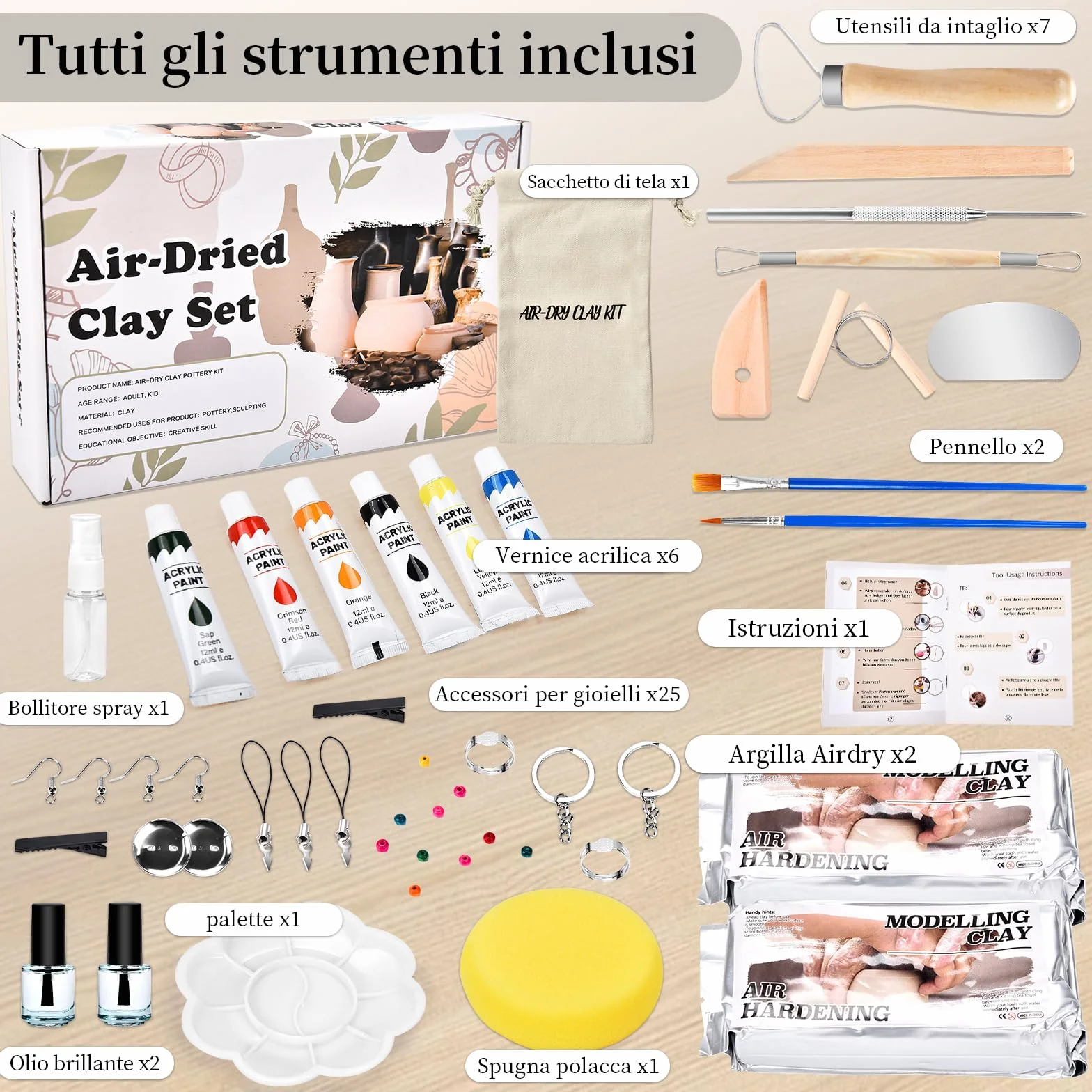 Kit Ceramica Fai da Te per Principianti, Set Argilla Senza Cottura Essiccata all'Aria