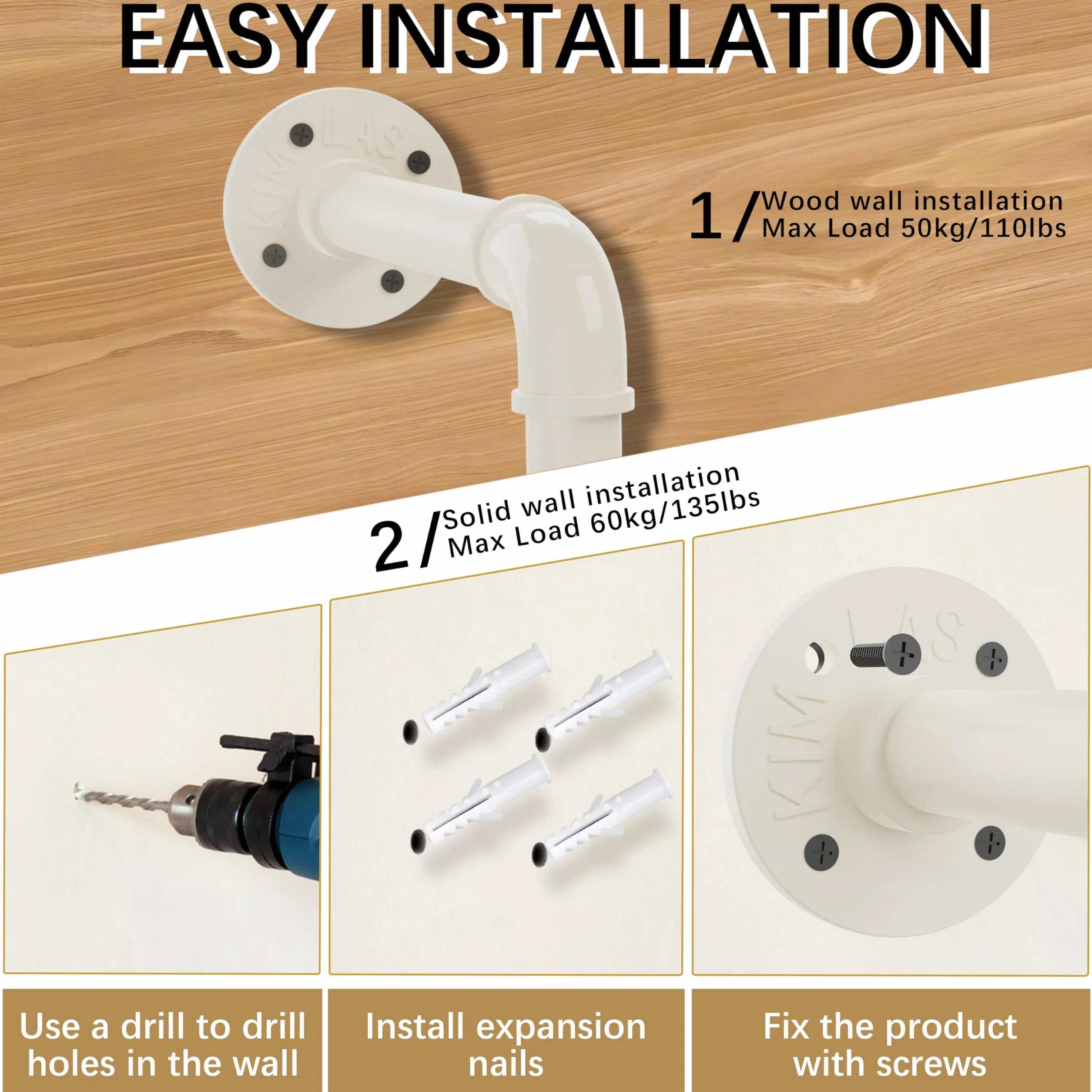 Yawinhe 51cm Appendiabiti per Tubo Industriale, Barra Attaccapanni Appesa a Parete Retrò, Rimovibile Appendino, per Spazio Stretto, Bianco, 1 Pack