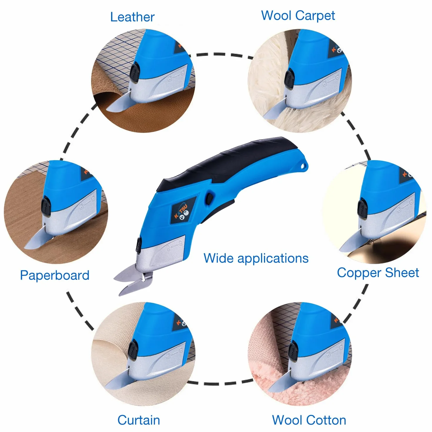 KATSU Tools Forbici Elettriche Cutter per Tessuti 3,6V Ricaricabile con 2 Teste da Taglio in Acciaio