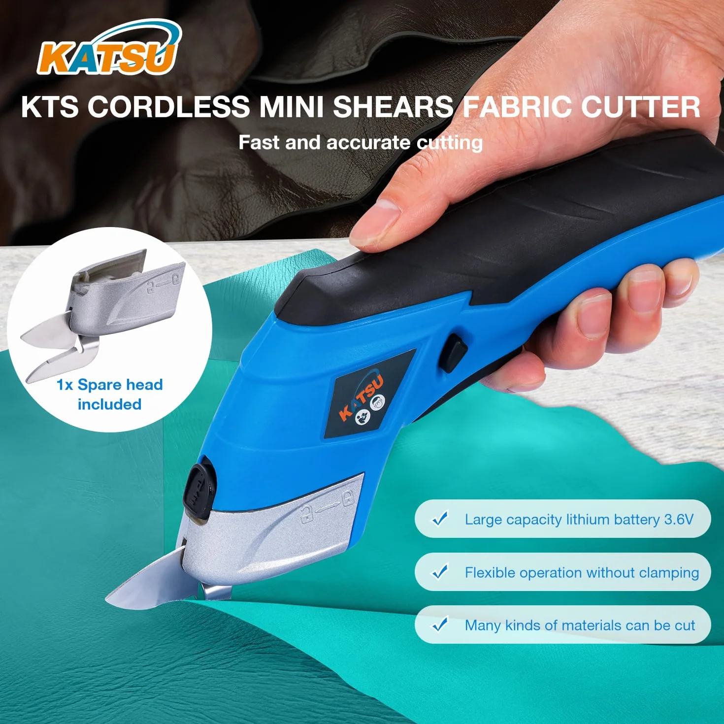 KATSU Tools Forbici Elettriche Cutter per Tessuti 3,6V Ricaricabile con 2 Teste da Taglio in Acciaio