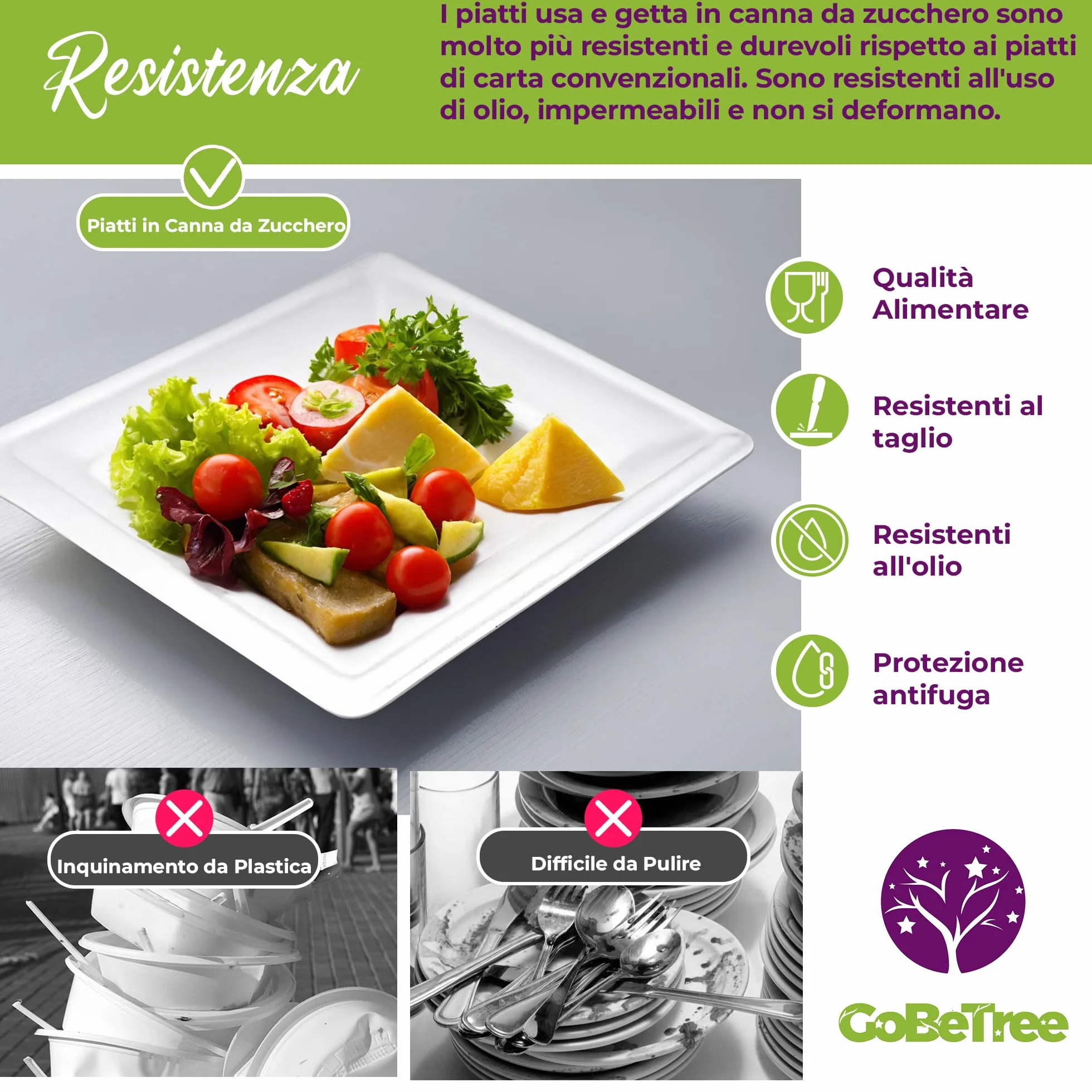 GoBeTree 100 piatti quadrate in canna da zucchero 20 cm bianchi monouso extra resistenti