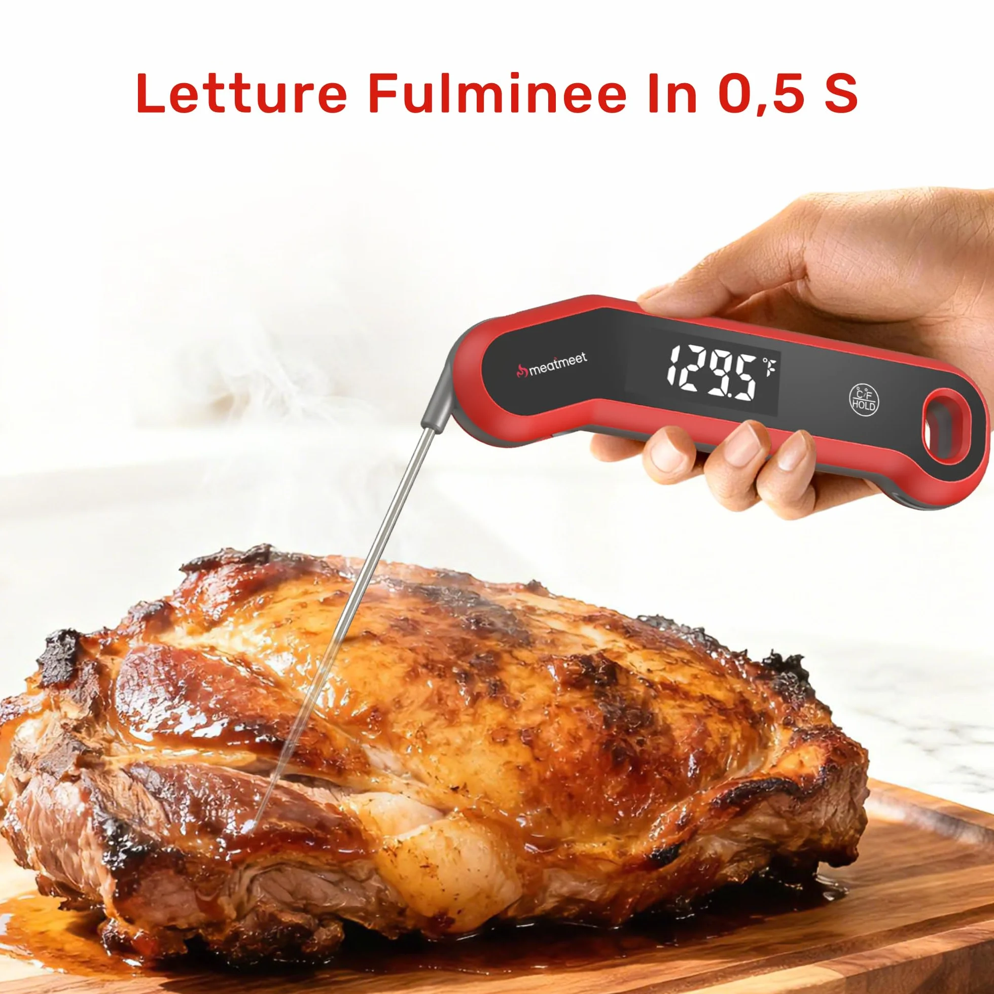 Termometro da Cucina Digitale IP67 Lettura Ultra-Rapida 0.5 Secondi Precisione ±0,3°C Display LED Girevole Automatico