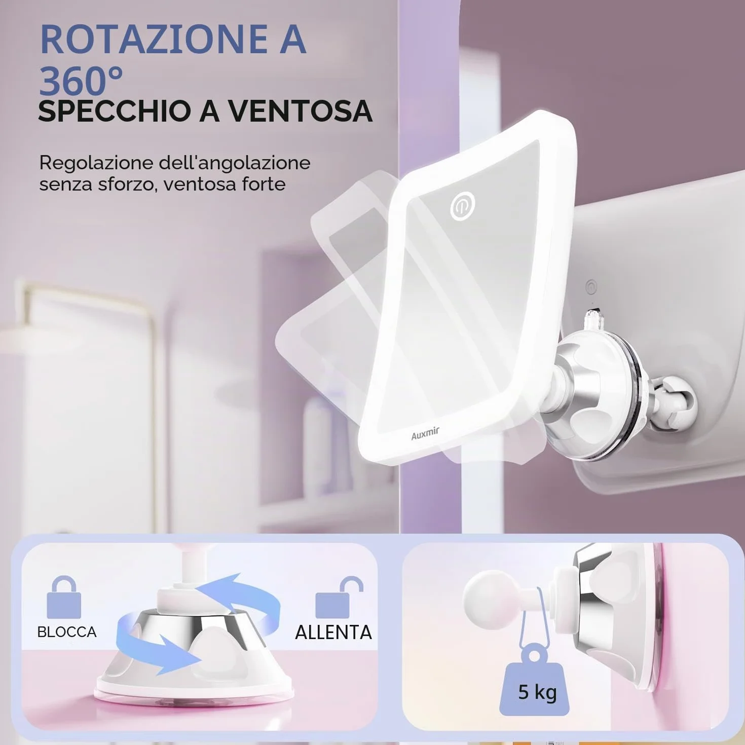 Auxmir Specchio Ingranditore 30X Ricaricabile, Specchio Trucco con 3 Colori di Luce LED, Luminosità Regolabile Ventosa Potente, Specchio Cosmetico da Bagno