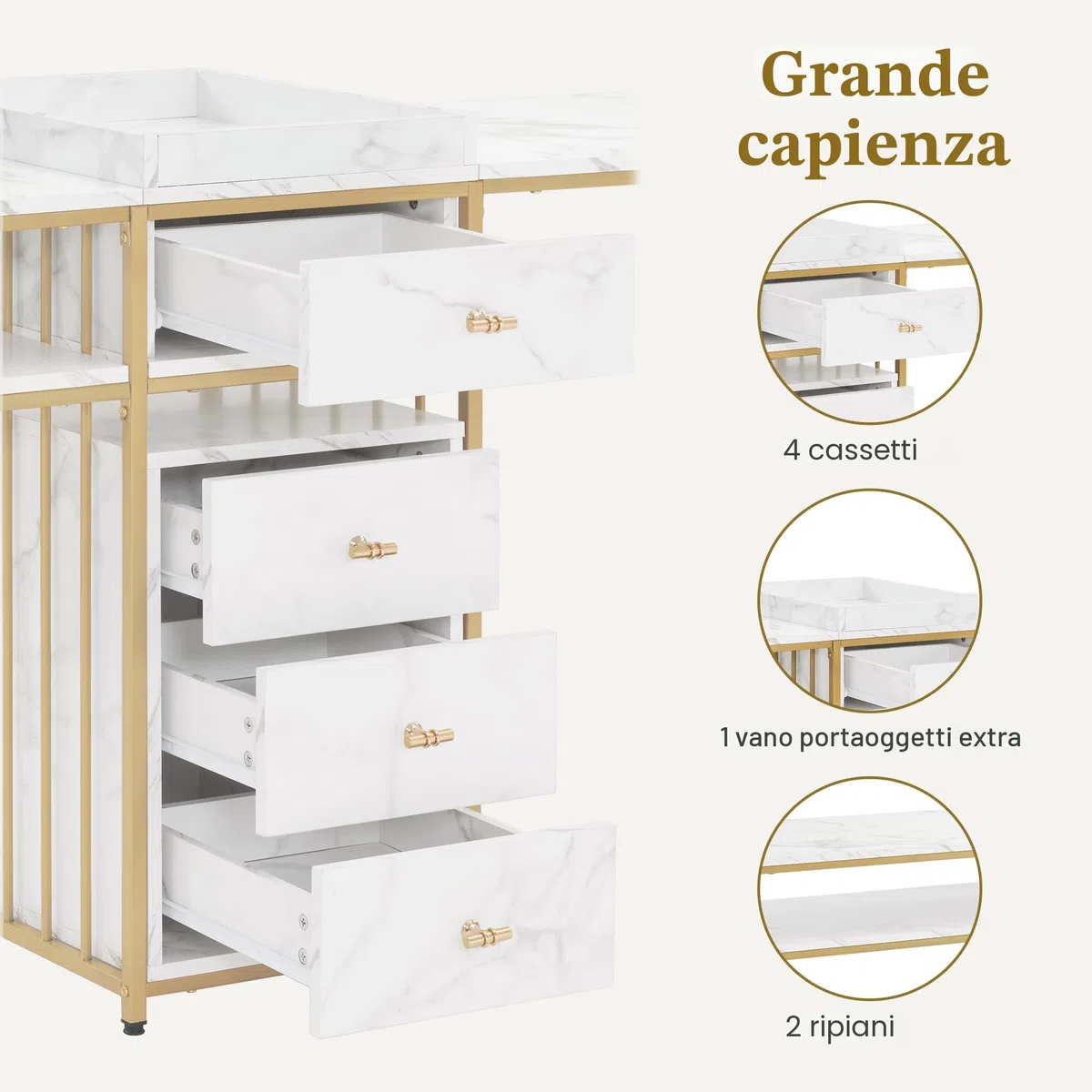 MCombo M tavolo per unghie doppio con cassetti, scrivania con ripiano, tavolo per manicure, toletta senza specchio soggiorno moderno, marmo-bianco-oro, 50 x 200 x 86cm, 2413