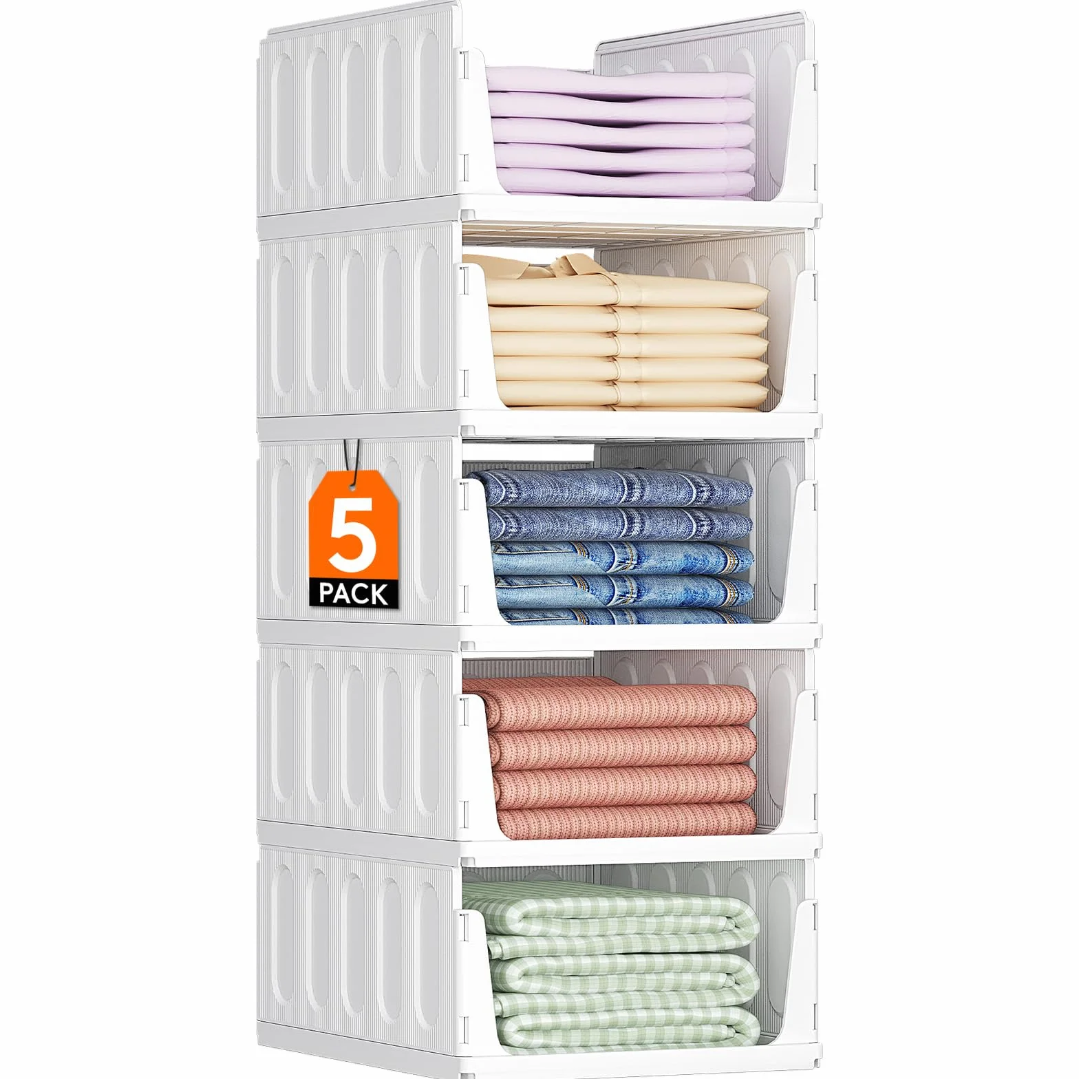 Lifewit Organizer Armadio, Contenitori Impilabili per Vestiti con Cassetti Salvaspazio, 24L Bianco 5 Pezzi