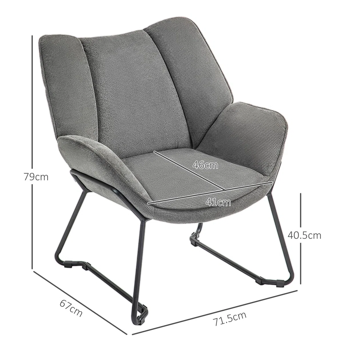 HOMCOM Poltrona d'Arredo Imbottita con Braccioli Inclinati, Poltrona da Soggiorno in Tessuto Effetto Lino e Struttura in Acciaio, 71.5x67x79 cm, Grigio