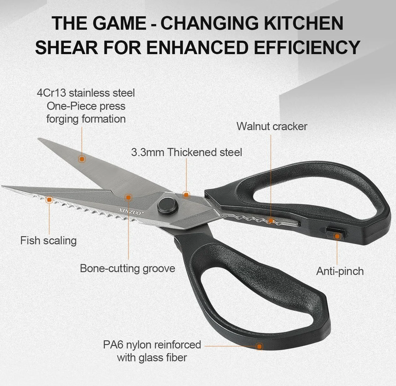 XINZUO Forbici da Cucina Professionali Acciaio Inox Rivestite in Titanio Nero Manico Antiscivolo