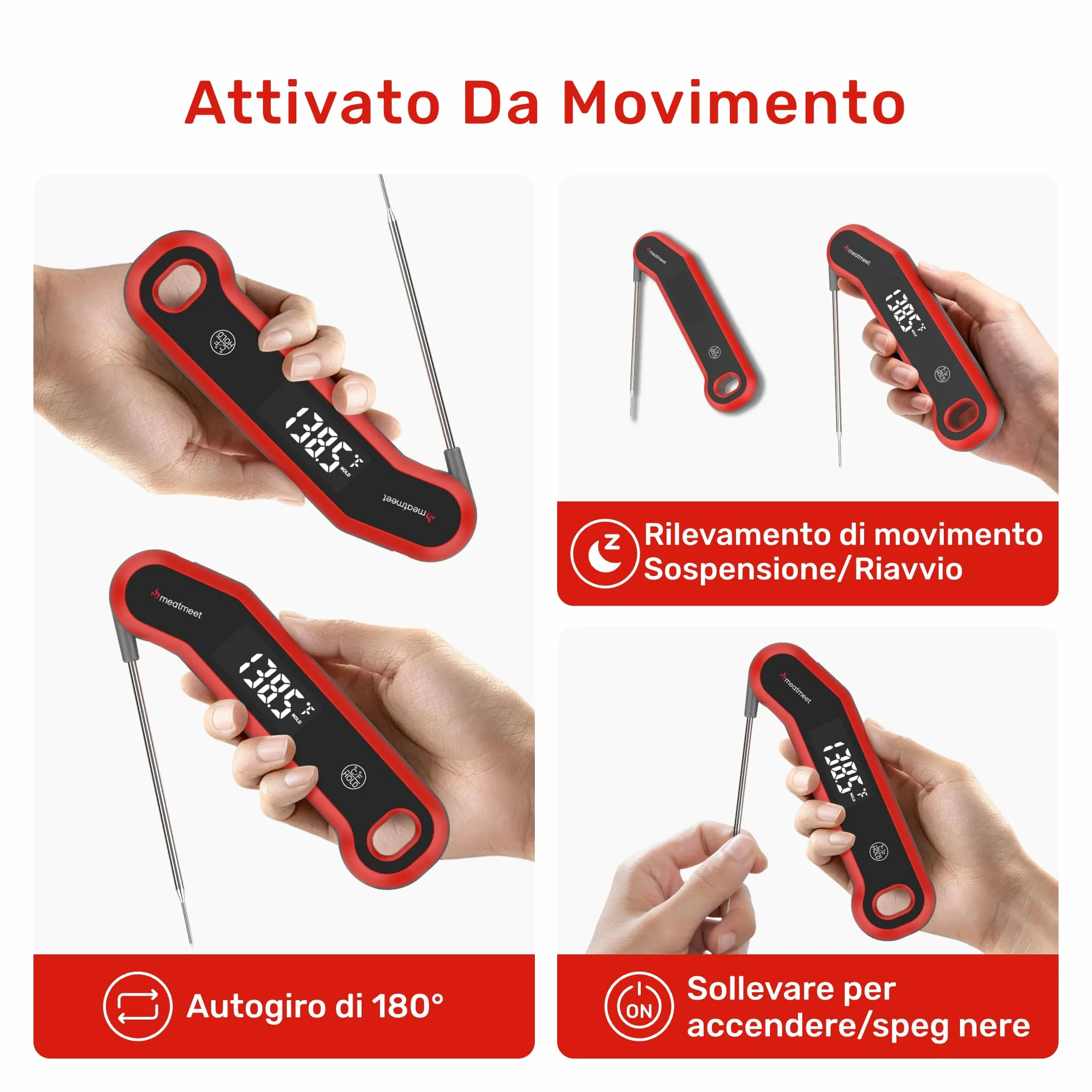 Termometro da Cucina Digitale IP67 Lettura Ultra-Rapida 0.5 Secondi Precisione ±0,3°C Display LED Girevole Automatico