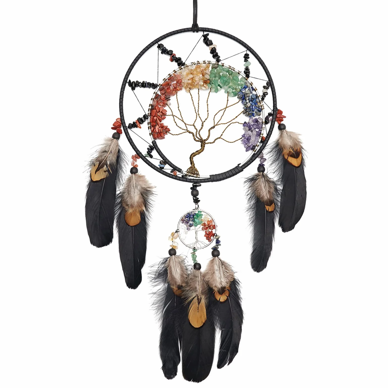 Acchiappasogni 7 Chakra Albero della Vita, Decorazione da Parete Arcobaleno, Cristallo di Guarigione, Pietra Fatta a Mano, Piuma Nera