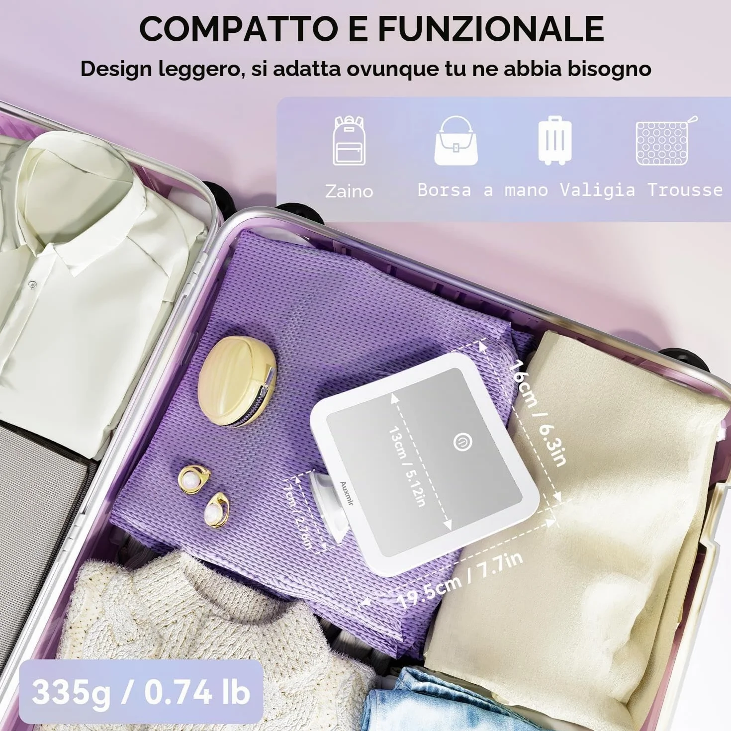 Auxmir Specchio Ingranditore 30X Ricaricabile, Specchio Trucco con 3 Colori di Luce LED, Luminosità Regolabile Ventosa Potente, Specchio Cosmetico da Bagno