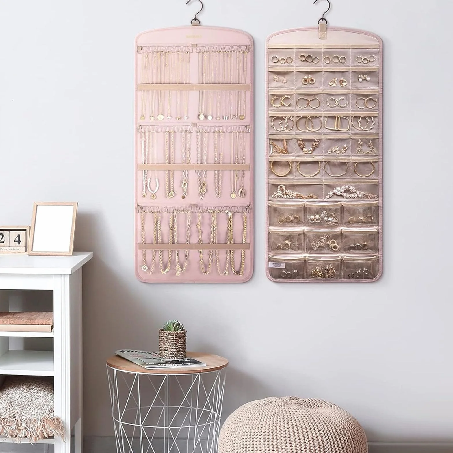 Hanging Jewelry Organizer per Armadio con 39 Scomparti e 3 Ganci Rosa