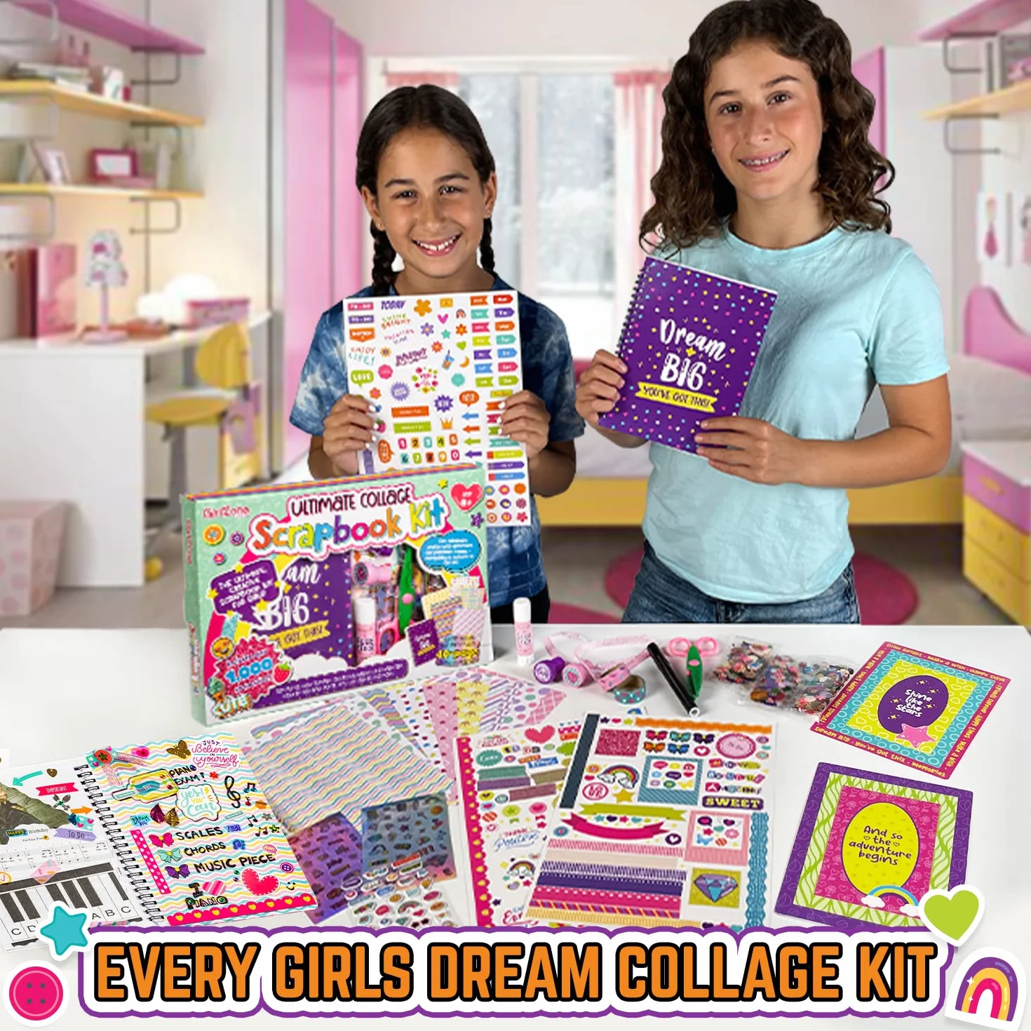 GirlZone Kit per Scrapbook Definitivo, Include Adesivi, Stickers e Altri Accessori, Album Scrapbooking Fotografico da 40 Pagine Fai da Te, Fantastica Idea Regalo Compleanno Bambini