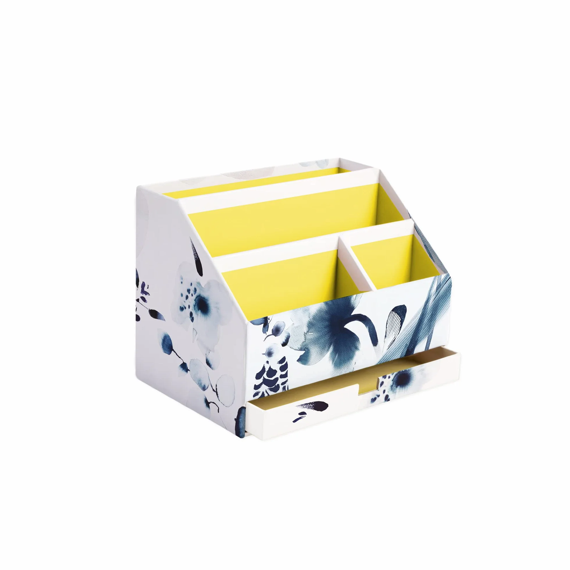 Clairefontaine 115938C - portacorrispondenza di cartone con cassetto 24x16x18 cm - motivo floreale dipinto all'inchiostro blu - Carta finitura satinata - Home Office - Collezione Inkebana
