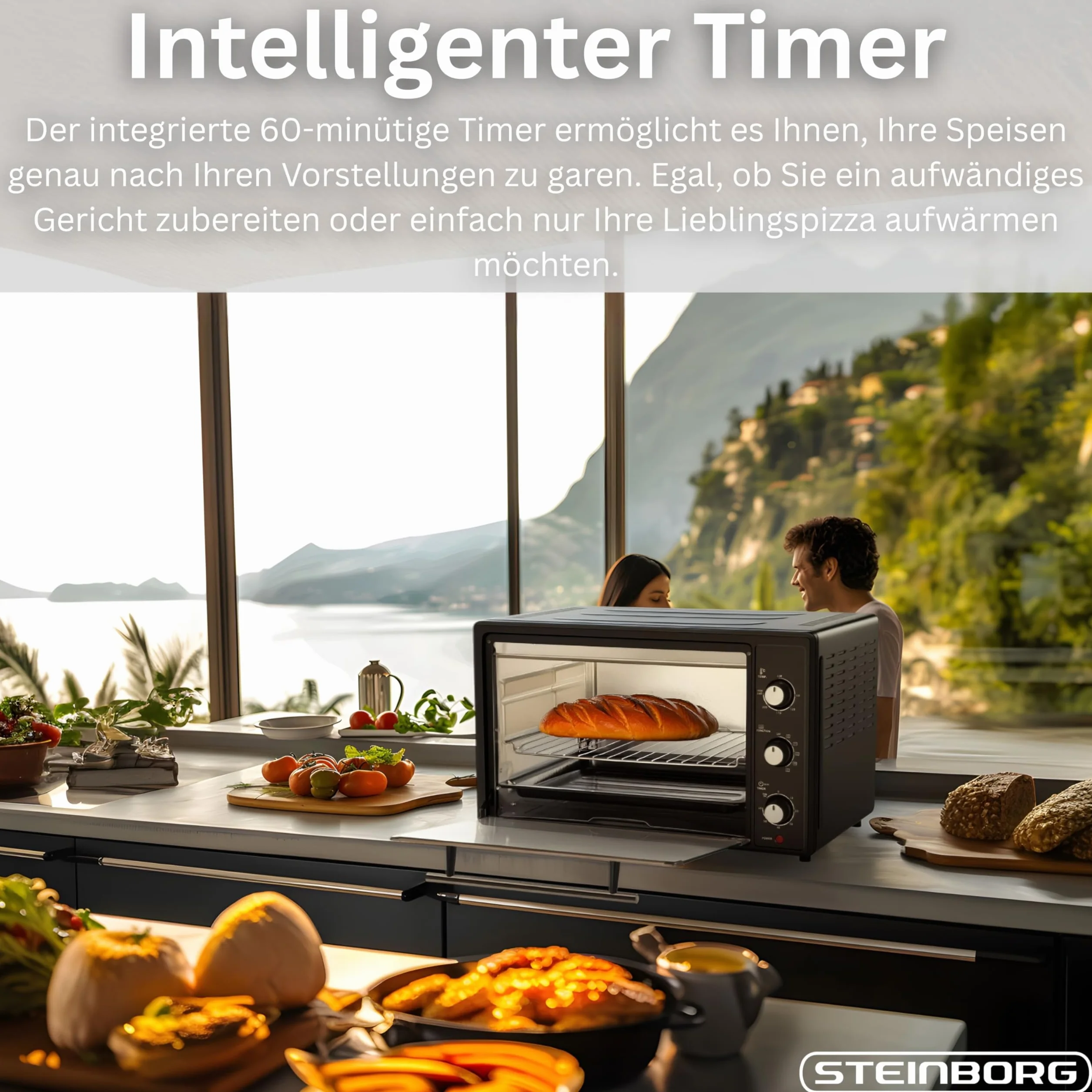 Steinborg Mini forno elettrico, 45 l, con calore girevole e girarrosto, mini forno a convezione, girarrosto, 1800 W, forno per pizza, forno per pizza, con illuminazione interna, piano cottura e