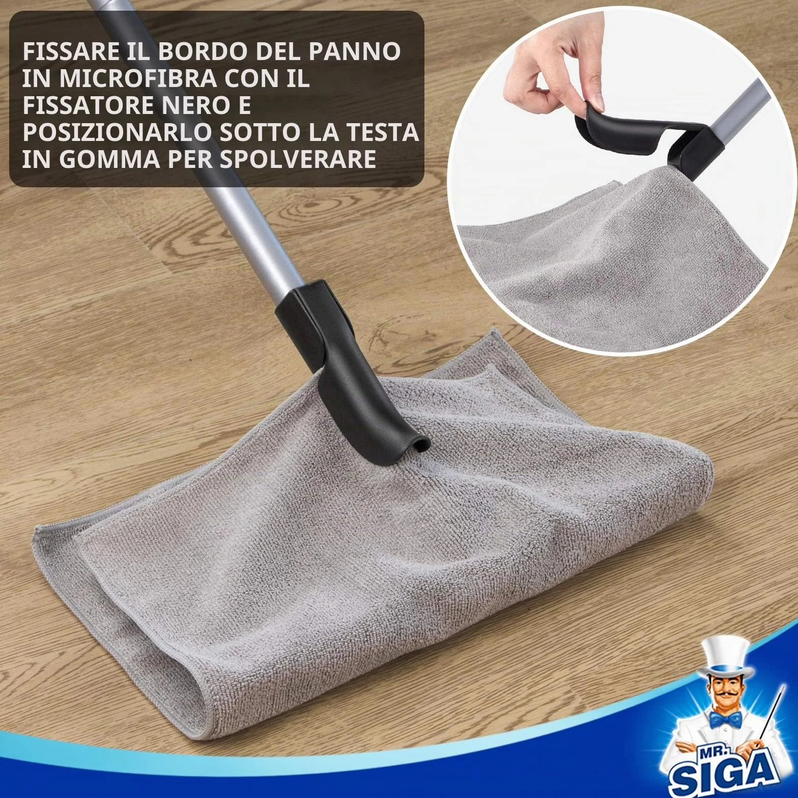 MR.SIGA Scopa in Gomma con Spatola 3 in 1 per Peli di Animali, Spazzola per Tappeti, Manico Regolabile 155 cm, Panno in Microfibra