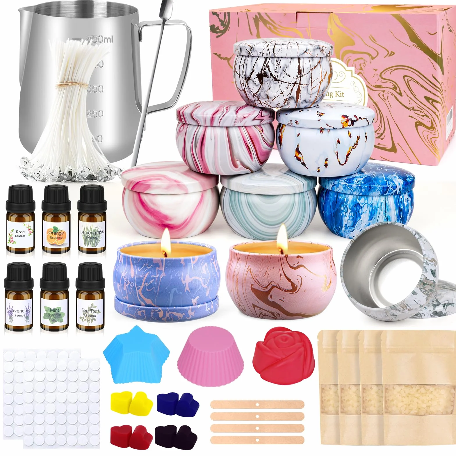 Set di Candele Fai da Te, Kit per Adulti, Cera di Soia 480g, 9 Barattoli, 6 Oli Profumati, 8 Blocchi di Colore, Regalo per Principianti