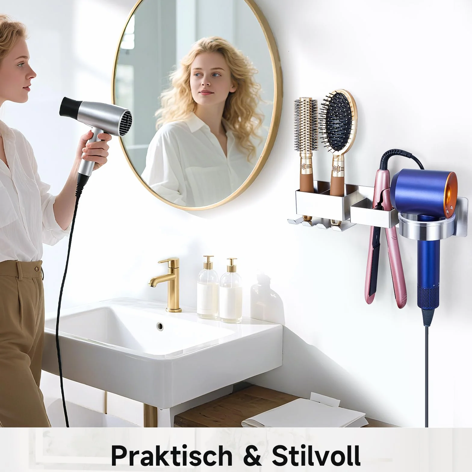 YYBO Porta Phon e Piastra Adesivo, Porta Phone Bagno da Muro, Porta Asciugacapelli Senza Foratura, Porta Piastra per Capelli, Supporto asciugacapelli per Barbiere e Hotel (Argento)