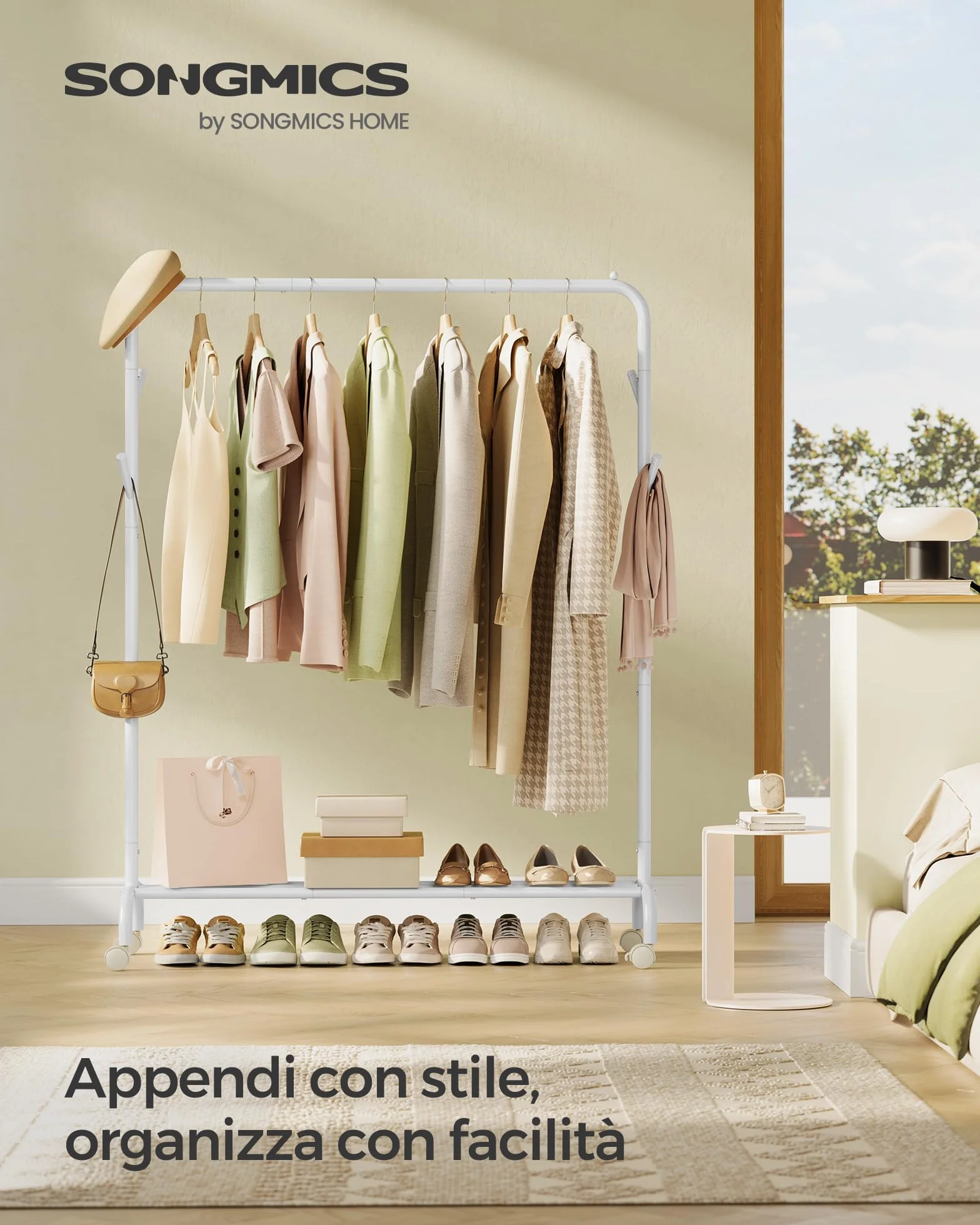 SONGMICS Appendiabiti singolo, struttura in metallo resistente, con ruote e ripiano, portata massima 50 kg, larghezza 103,5 cm, colore: bianco nuvola HSR131W01