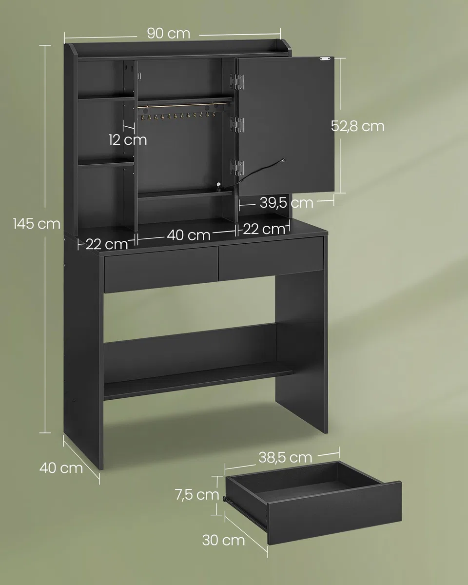 VASAGLE KAILYN Collezione - Toeletta con Luci LED 3 Colorazioni con Luminosità Regolabile, Tavolo da Trucco con Specchio, Ripiani Regolabili, 2 Cassetti, Postazione Trucco, Nero Inchiostro RDT123B01