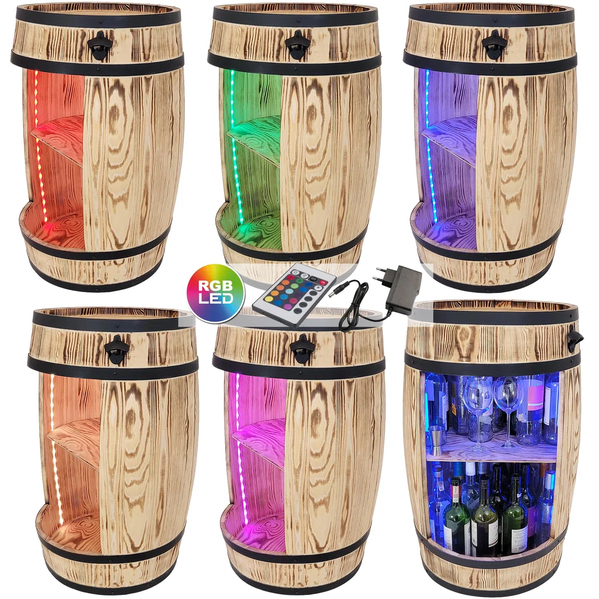 Weeco Armadietto per Vino a LED RGB - Scaffale in Legno - Bar Elegante - Supporto per Bottiglie - Mobile Barile in Legno - 80 x 50 cm