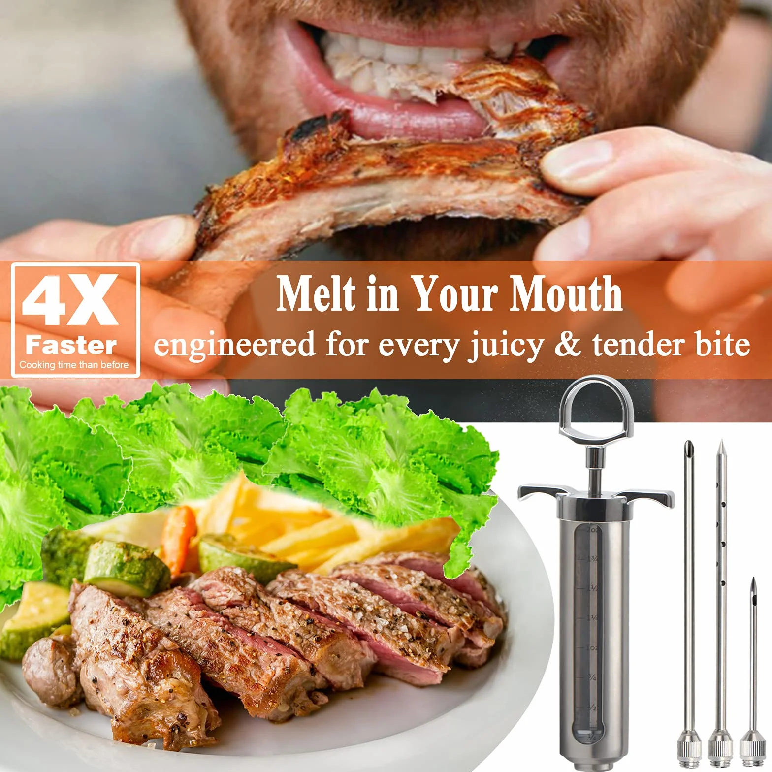 DePango Siringa per Carne in Acciaio Inossidabile 60ml, Iniettore Alimentare per Marinata BBQ Arrosti