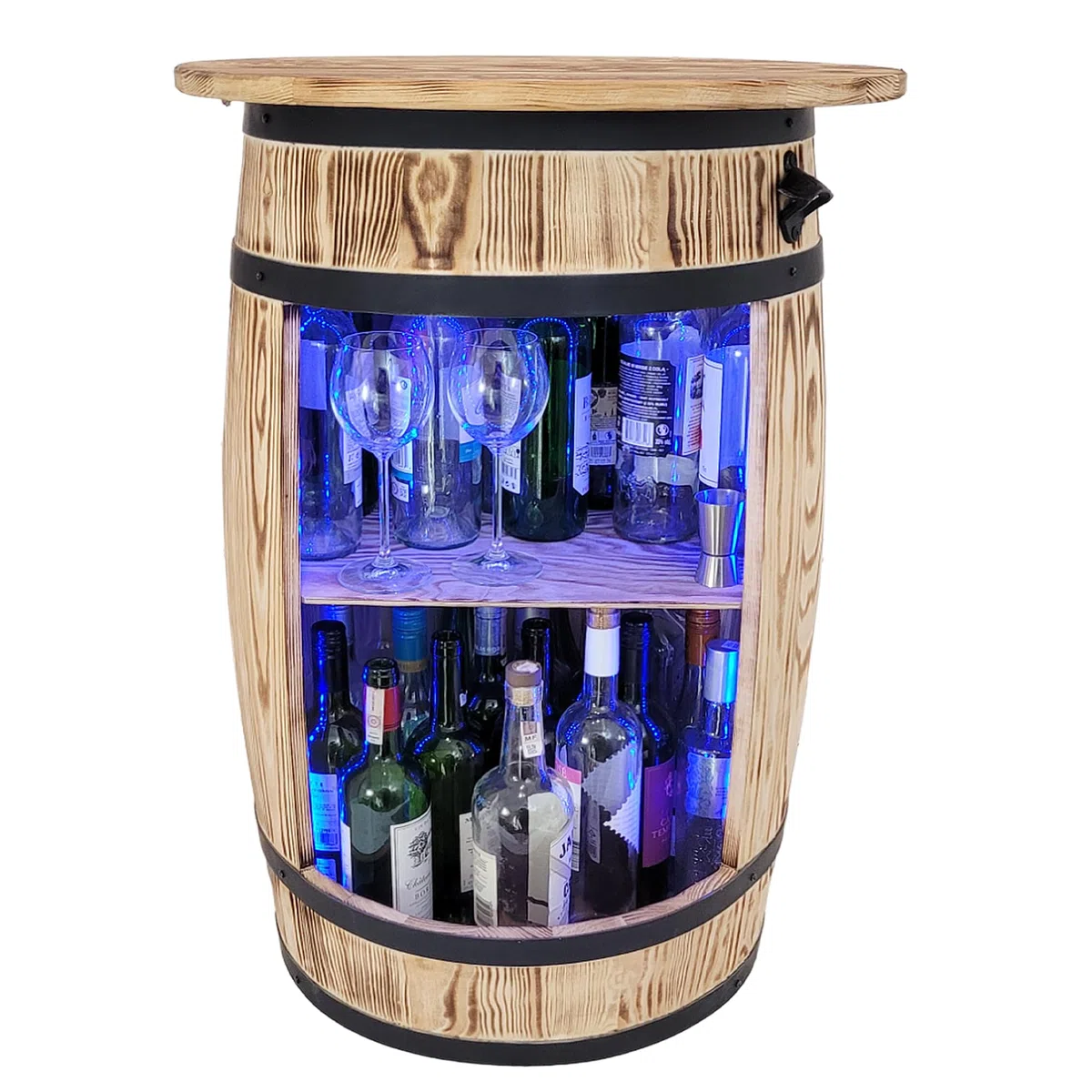 weeco Armadietto da bar con piano da tavolo e luci LED RGB – Tavolo Home Bar – Montabile – Scaffale in legno – Retro decorativo bar – Barile di legno con coperchio – Minibar Gin Whisky birra tavolo 80