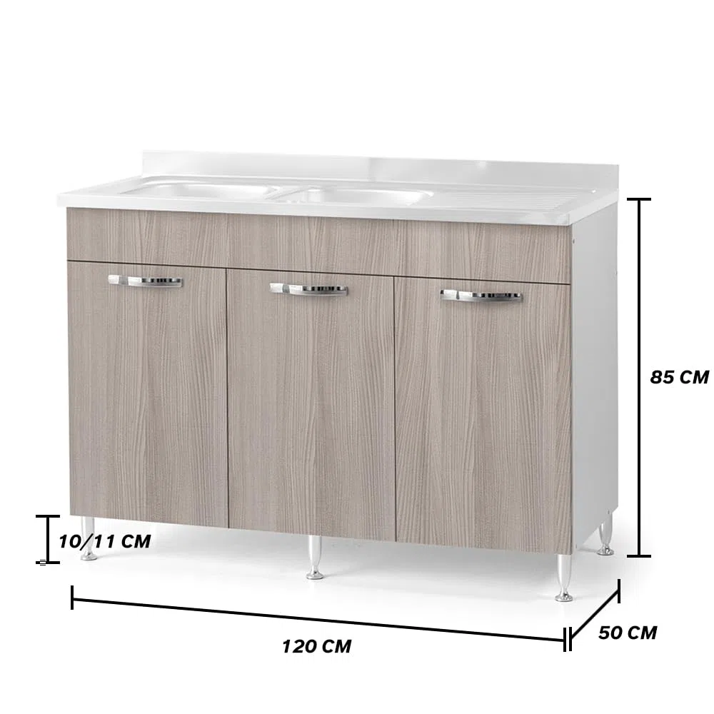 REDÒKASA Sottolavello per cucina componibile da 120 cm con tre ante, realizzata in legno 100% MADE IN ITALY (Con Lavello Vasche a Destra, Olmo)