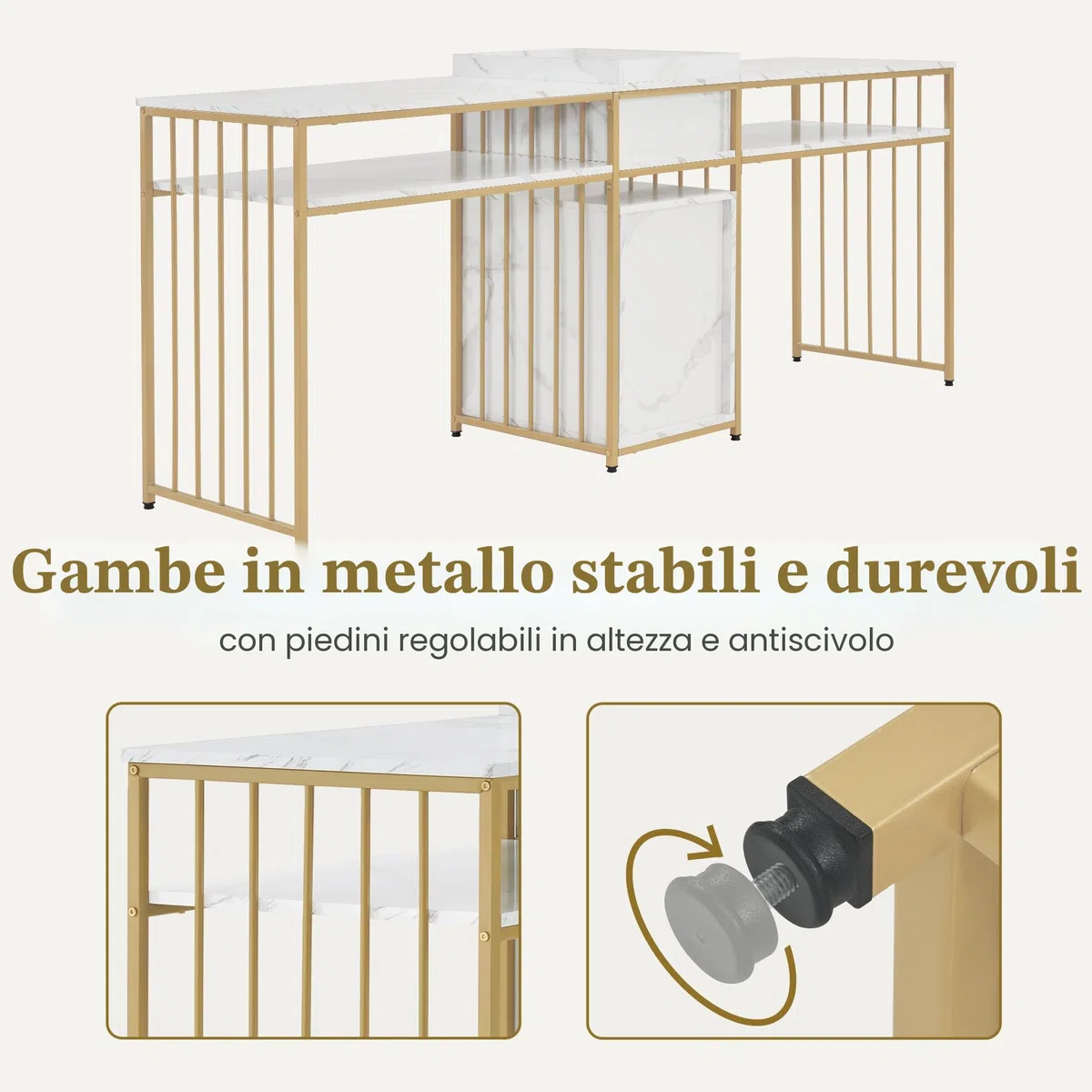MCombo M tavolo per unghie doppio con cassetti, scrivania con ripiano, tavolo per manicure, toletta senza specchio soggiorno moderno, marmo-bianco-oro, 50 x 200 x 86cm, 2413