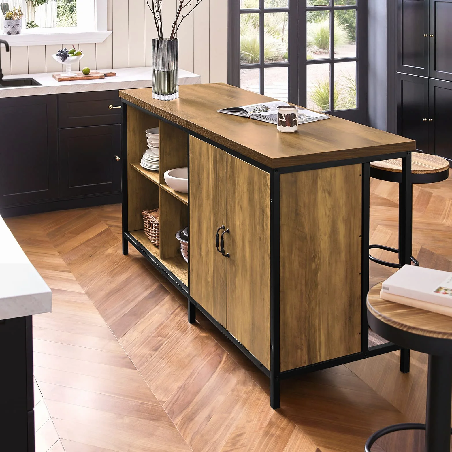 SoBuy Isola Cucina Mobiletto di Stoccaggio, Credenza Multifunzionale, Cucina Mobile Bar, Madia Salvaspazio, Mobile da Soggiorno in Stile Industriale 170 x 60 x 89 cm KNL01-F