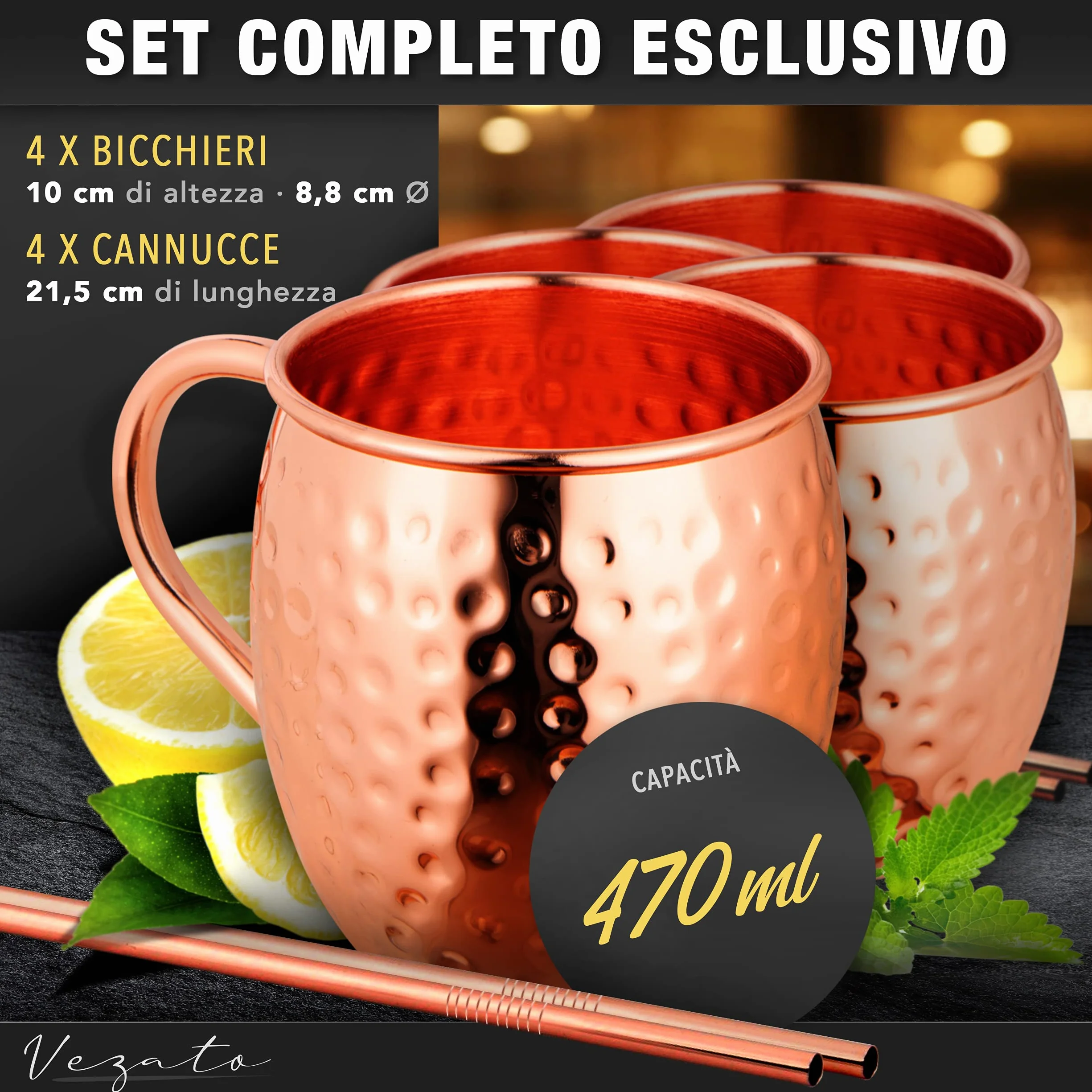 Vezato Moscow-Mule Tazza Rame Martellato Set 4 Pezzi Antiruggine