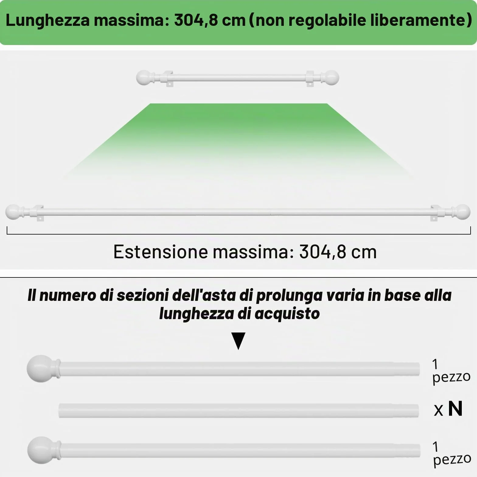 Bastone tenda 3 metri bianco metallo regolabile 5/8 diametro 80-300 cm set con staffa