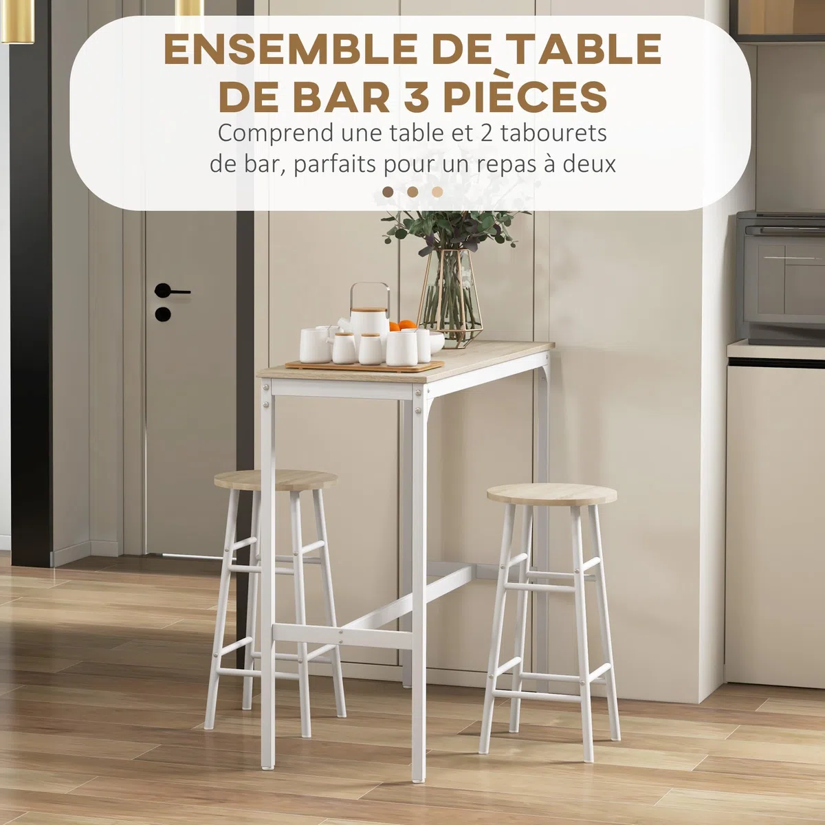 HOMCOM Set tavolo da bar bistrot + 2 sgabelli con poggiapiedi, tavolo mangia in piedi, struttura in acciaio, design industriale, tavolo alto da cucina, piano effetto legno naturale, bianco