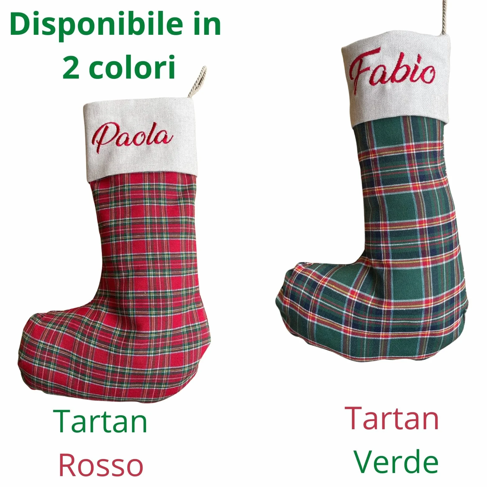 Calza Befana Personalizzata con Nome Ricamato – Calza Natalizia Artigianale in Tartan Rosso