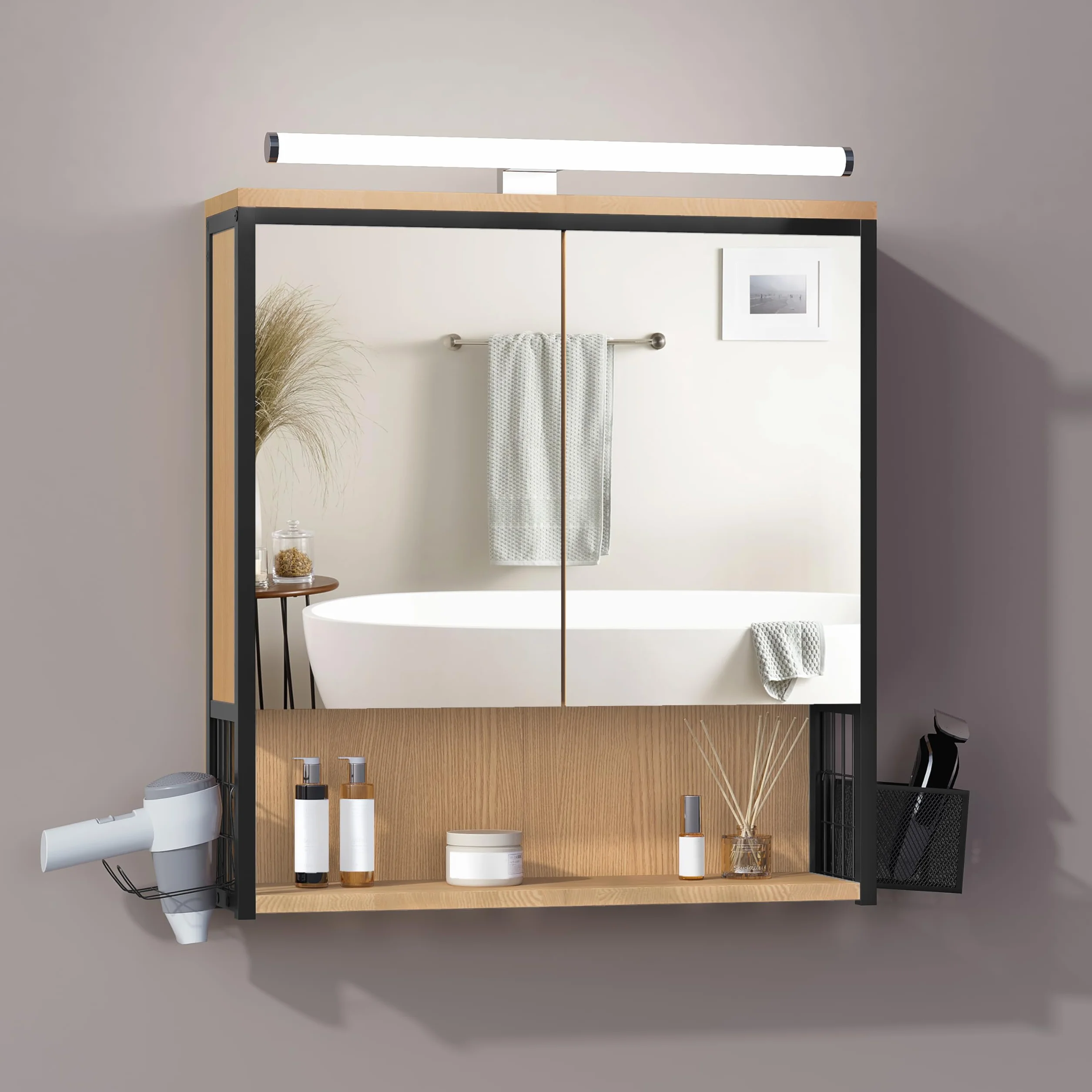 EUGAD Specchio da Bagno con Contenitore e Luci, Pensile da Bagno con 2 Ante, 1 Scomparto Aperto e 2 Vani Chiusi, Ripiano Interno Regolabile, Nero + Rovere, 56x14,5x60 cm