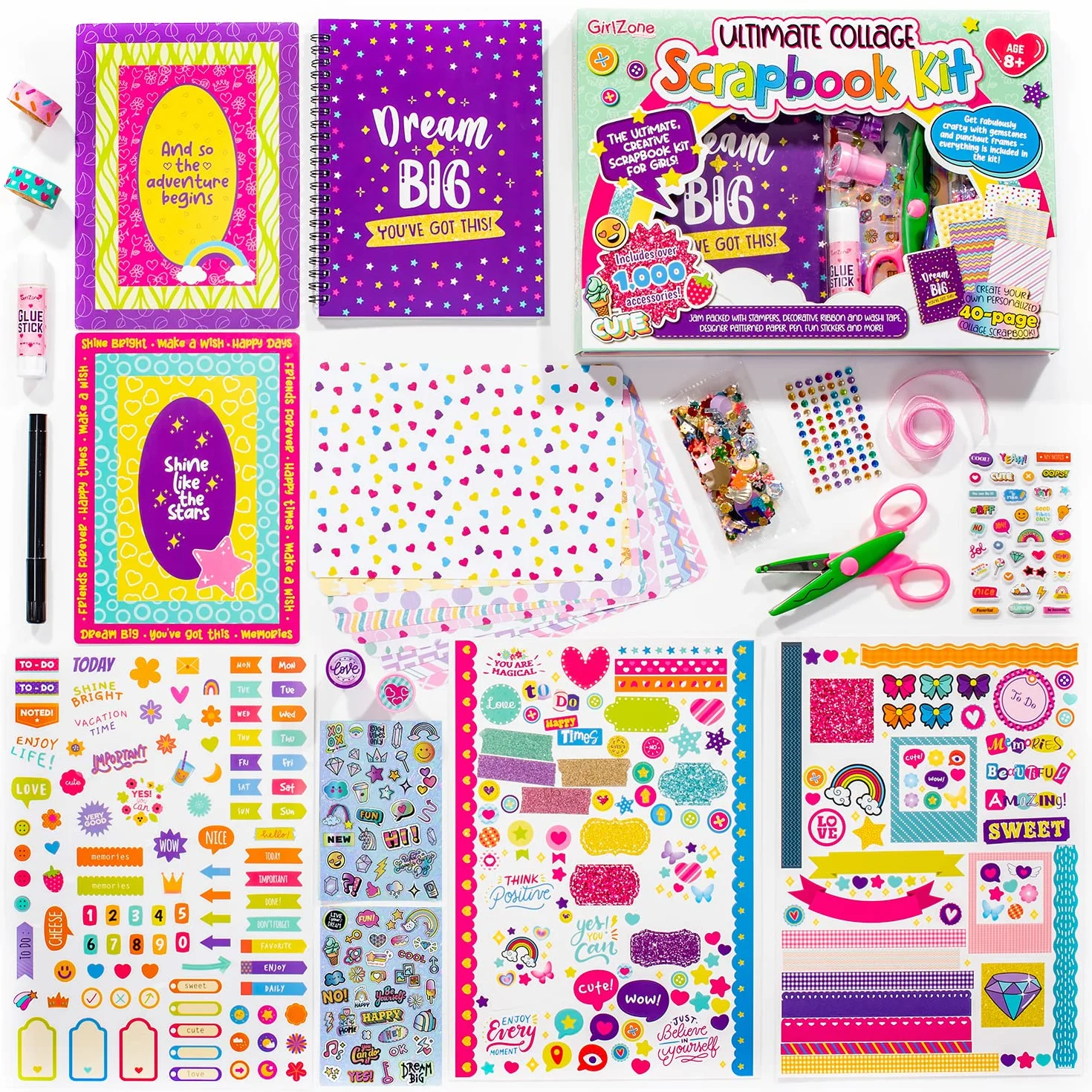 GirlZone Kit per Scrapbook Definitivo, Include Adesivi, Stickers e Altri Accessori, Album Scrapbooking Fotografico da 40 Pagine Fai da Te, Fantastica Idea Regalo Compleanno Bambini