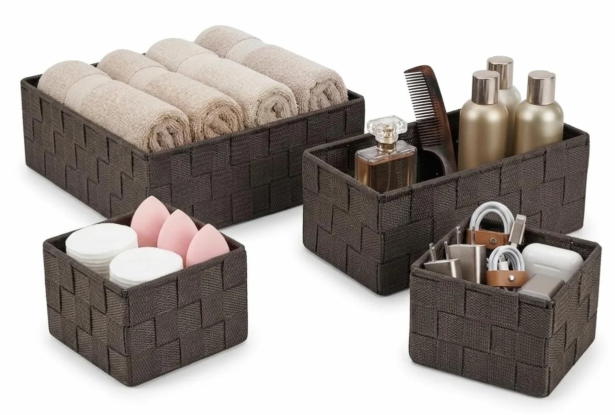 OCEANO Set 4 Cestini Portaoggetti Intrecciati Organizer Bagno Salvaspazio Marrone
