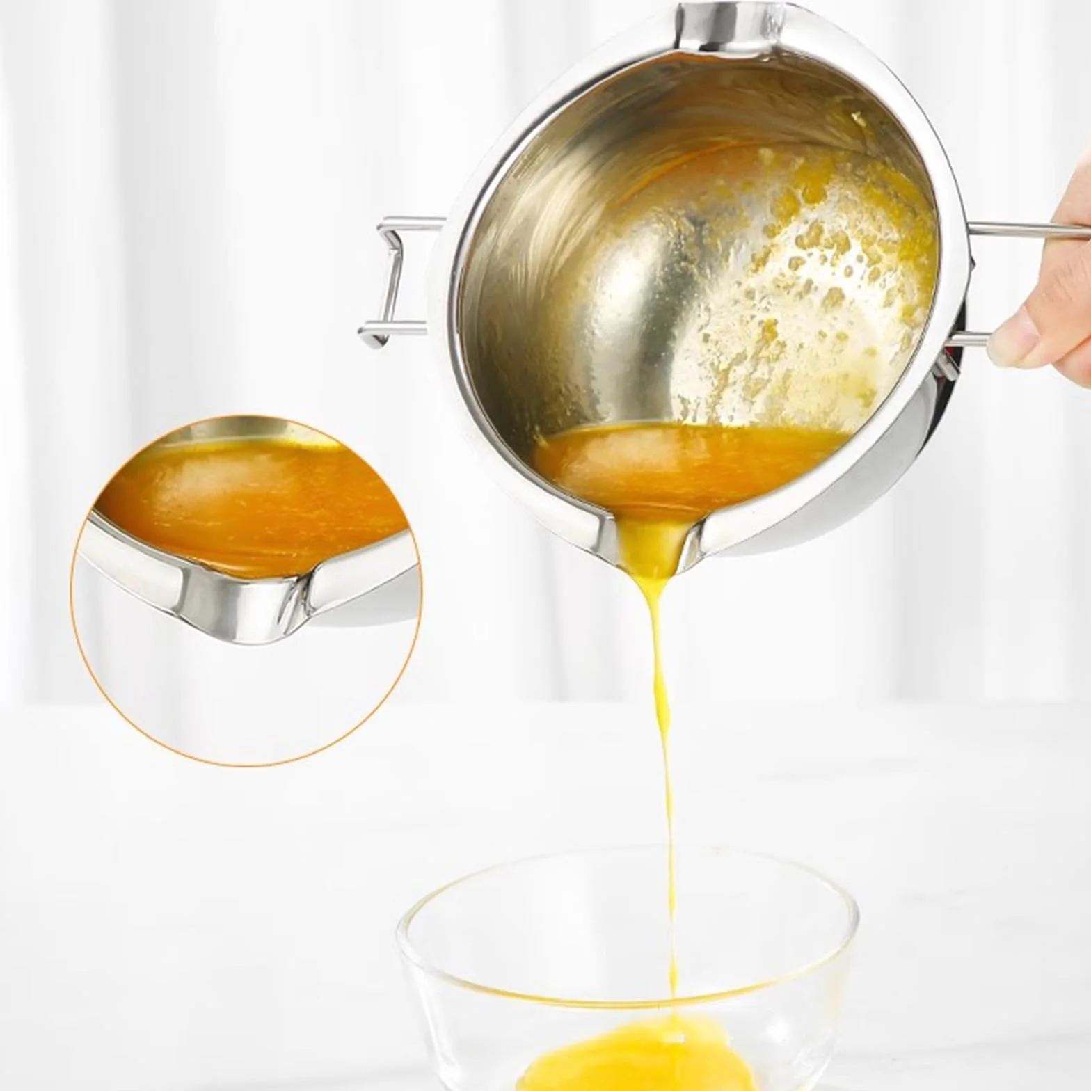 Ciotola di Fusione in Acciaio Inox 1000ml, bagnomaria con 2 beccucci e spatola per Cioccolato Zucchero Burro Caramello