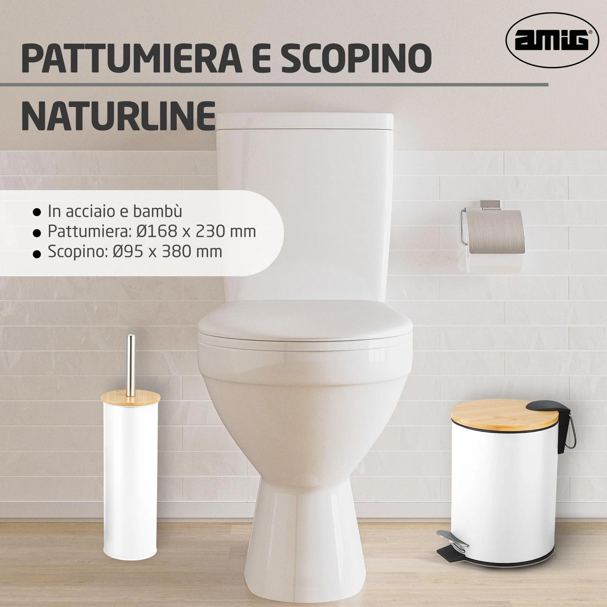 Amig Naturline Set Pattumiera e Portascopino Ø168x230 mm Acciaio Bambù Bianco